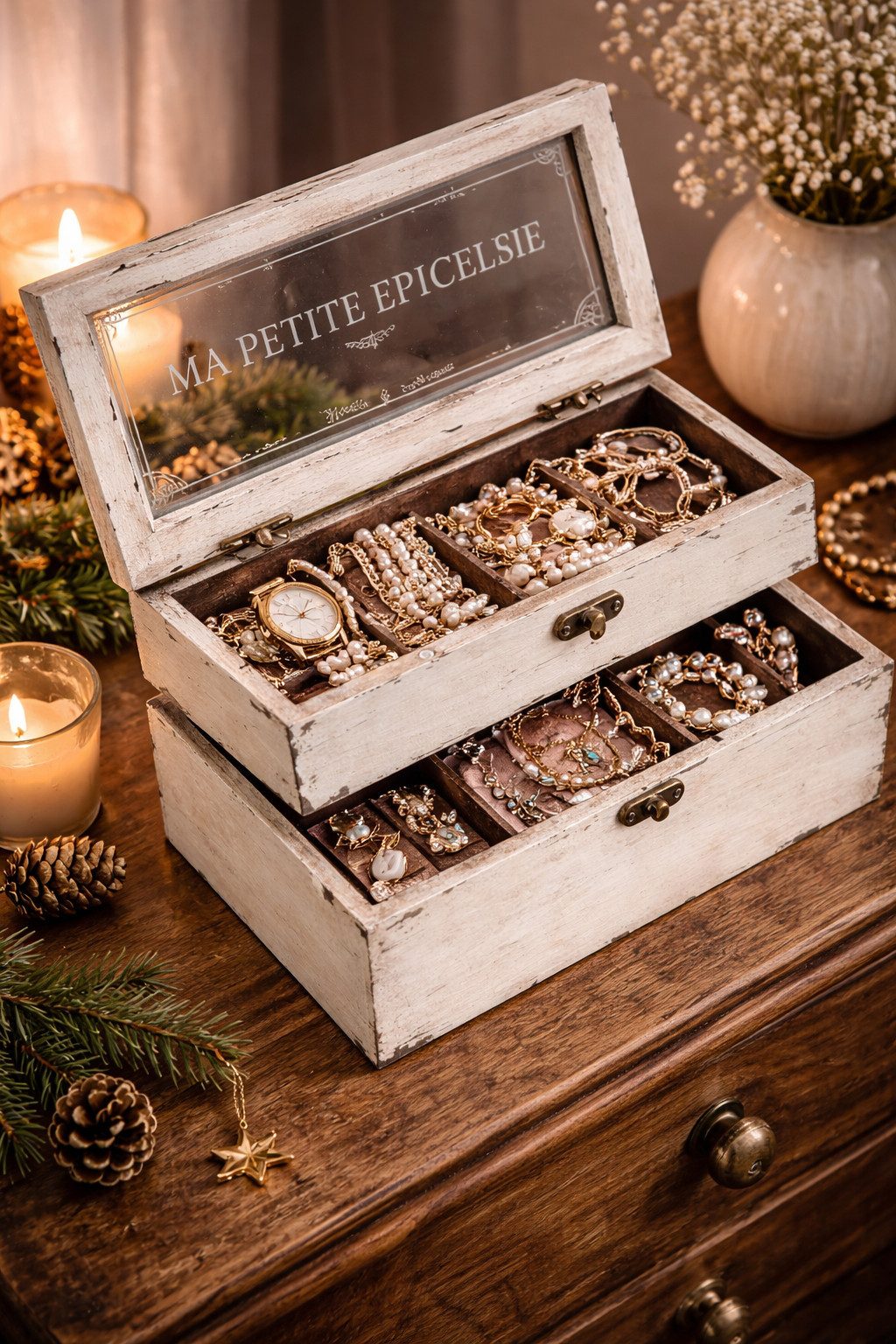 AnticLine Allzweckkiste Antic Line Verglaste Holz-Box mit Deckel H 12cm, L 16,3cm DEC6525