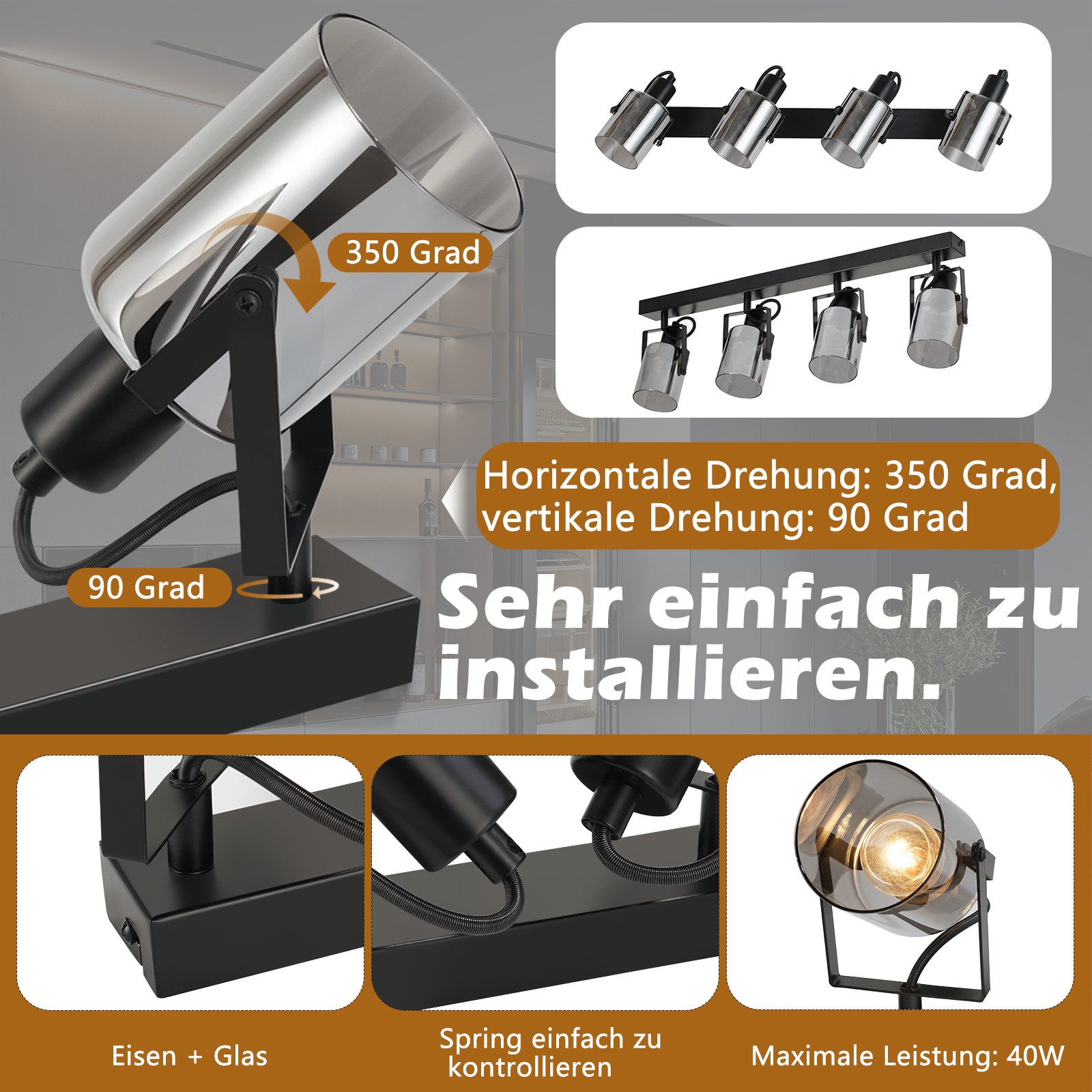 Nettlife Deckenstrahler Vintage Deckenlampe Rauchgrau Glas günstig online kaufen