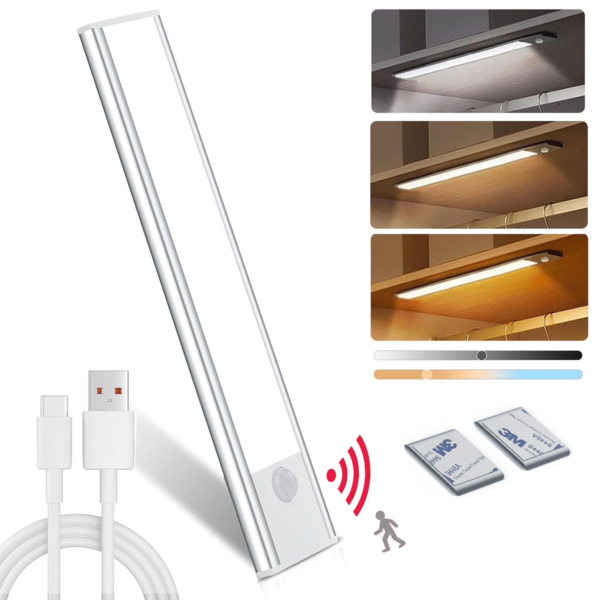 OYLCDI LED Unterbauleuchte LED Lichtleiste Nachtlicht, Wiederaufladbar Treppenlicht, LED festintegriert, Bewegungsmelder, LED Nachttischlampe, USB Wiederaufladbar Schranklicht und Treppenlicht, Kaltes Weiß, Warmes Weiß, Natürliches Weiß, für Treppen, Küche, Wohnzimmer,usw.