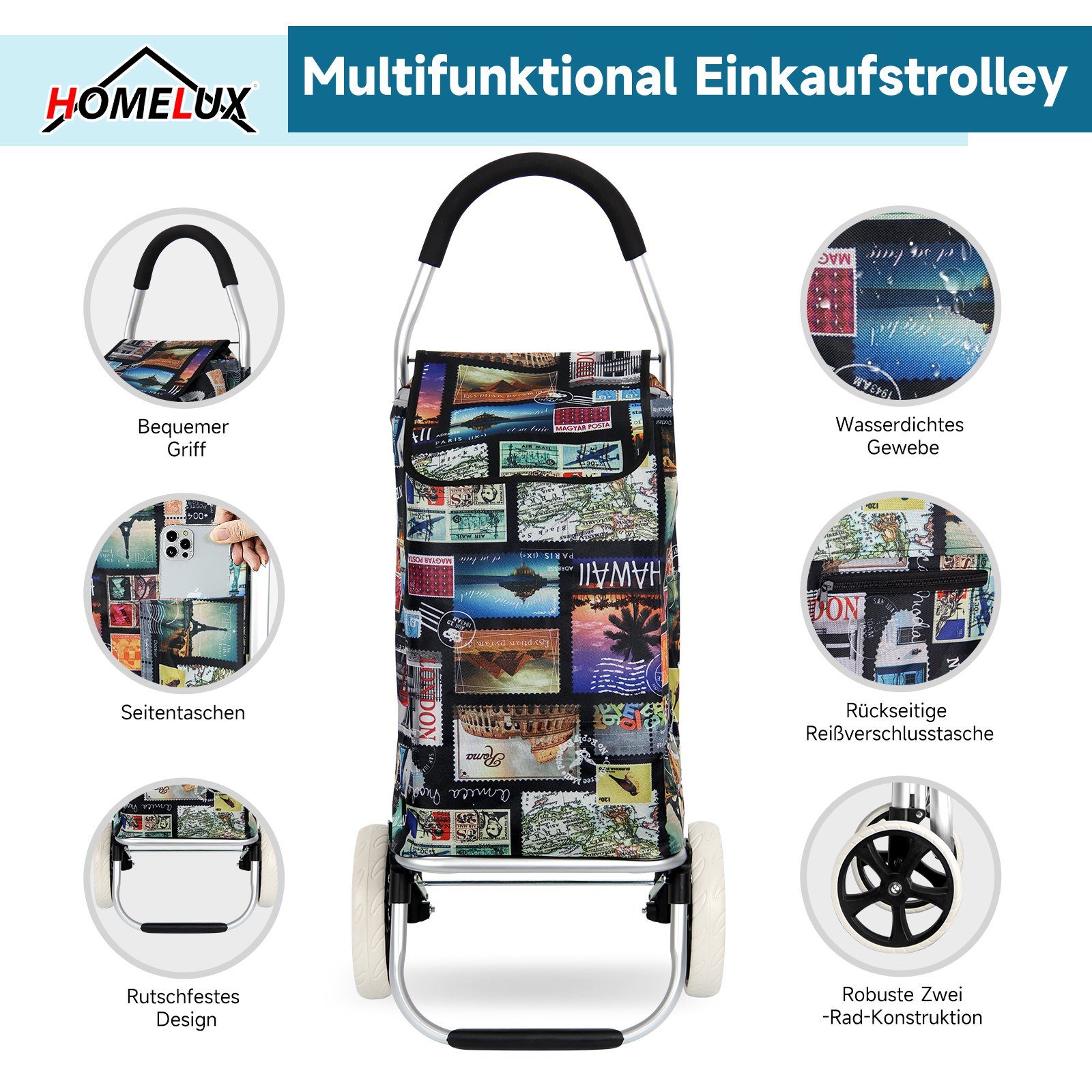 HOMELUX Einkaufstrolley multifunktional, Tasche mit Backgrid, 44 Rollen, abnehmbare Einkaufswagen, Kapazität, klappbar, große Briefmarken Handwagen Stabiler l