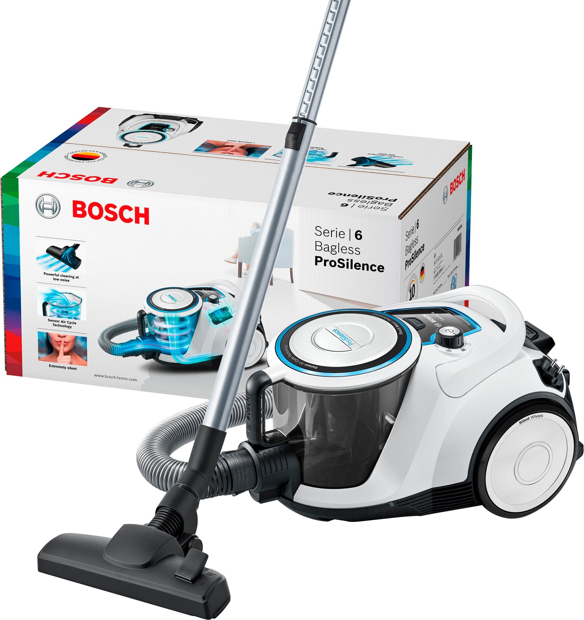 BOSCH Bodenstaubsauger Serie 6 ProSilence BGC41LSIL, Hygiene-Filter, 10 Jahre Motorgarantie, 600 W, beutellos, hohe Saugkraft, 2in1 Polster- und Fugendüse, leis – Bild 3 von 5