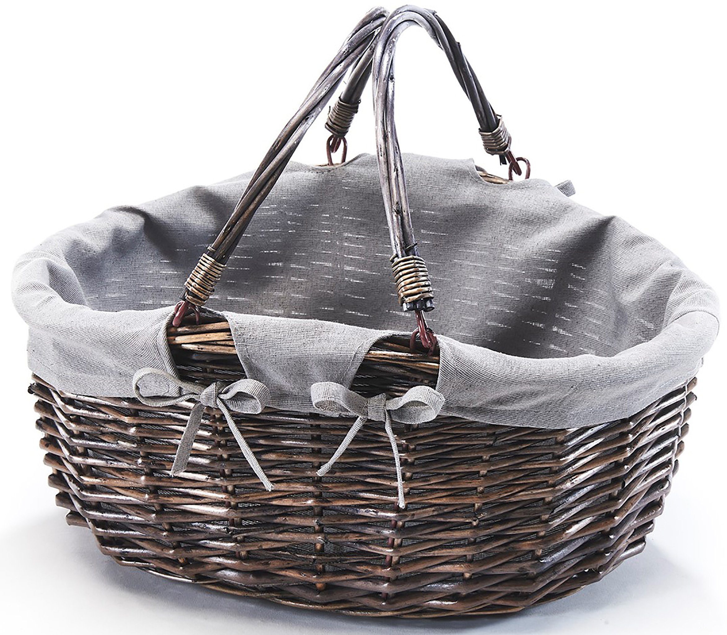 Kobolo Einkaufskorb Weidenkorb oval mit Klapphenkeln und Textil grau, 20 l | Einkaufskörbe