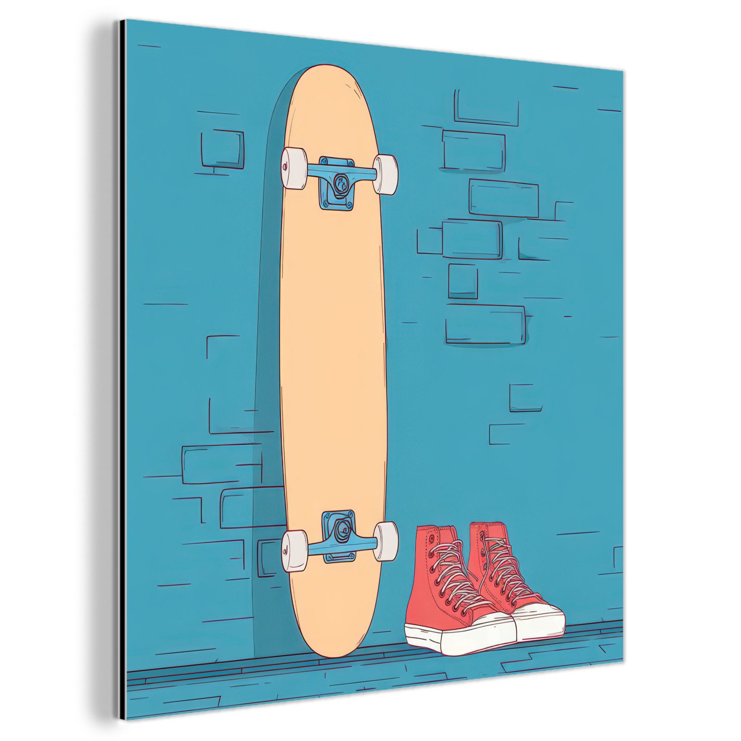 MuchoWow Metallbild Skateboard - Gymnastikschuhe - Rot - Minimalistisch, Inkl. Aufhängung, Wohnzimmer Dekoration aus Alu, Industrial, Metallbilder, 90x90 cm