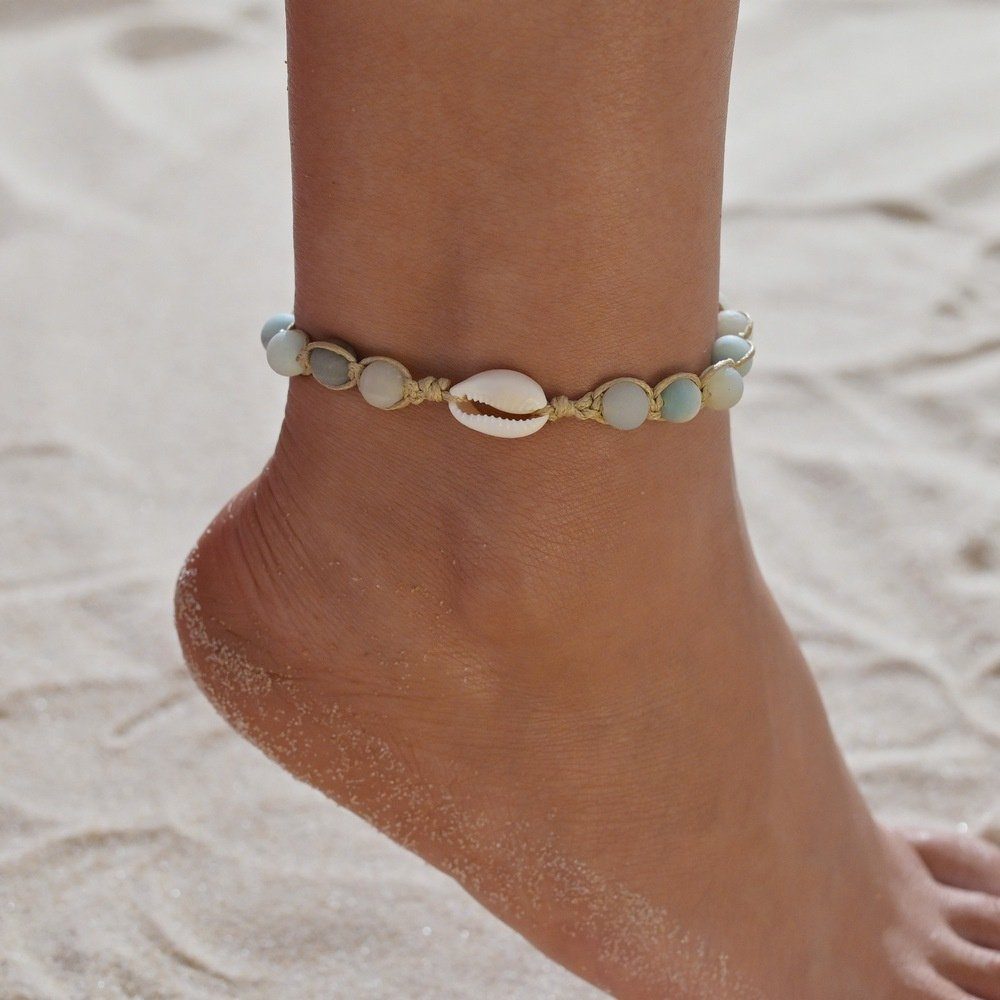 (2-tlg) Fußkette Fußkettchen Muscheln Style (2-tlg) mit Dekorative Perlenschnüren, Beach