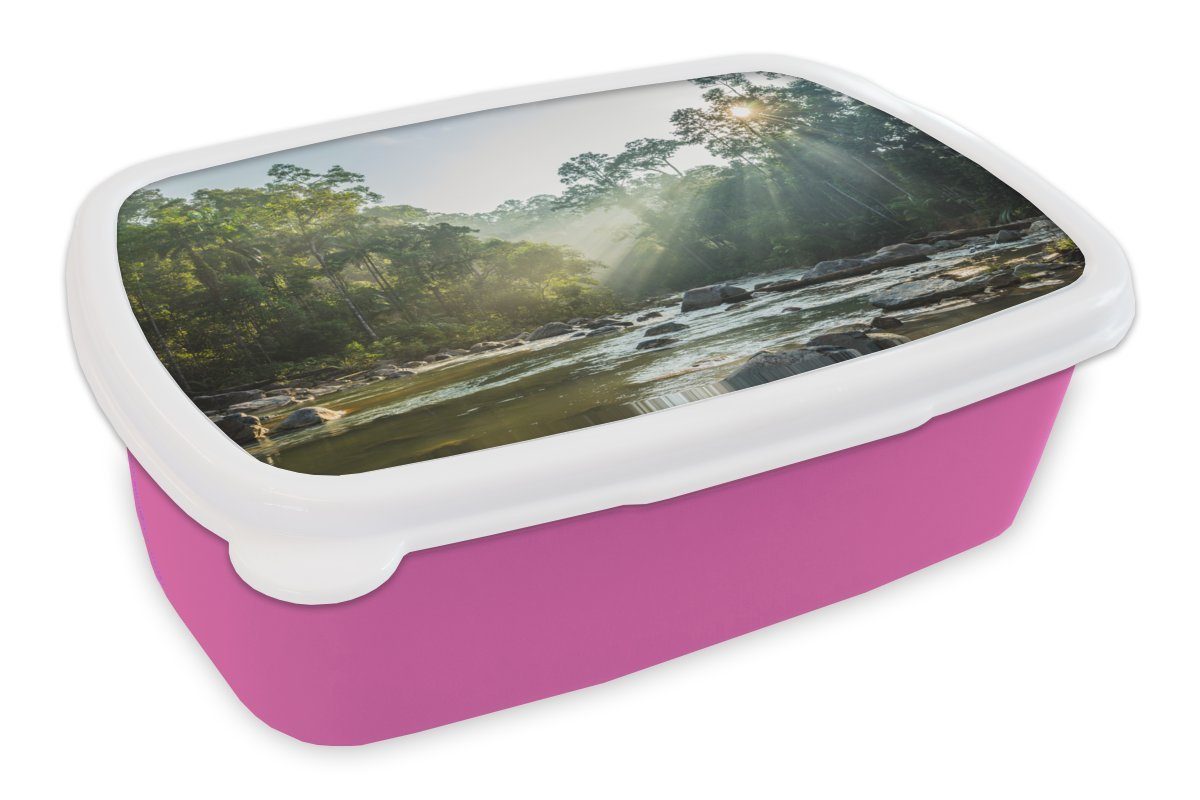 Wald, auf (2-tlg), Erwachsene, scheint in Fluss malaysischen einem Kinder, Kunststoff, einen für rosa Mädchen, Brotbox Snackbox, Brotdose Kunststoff Lunchbox Die MuchoWow Sonne