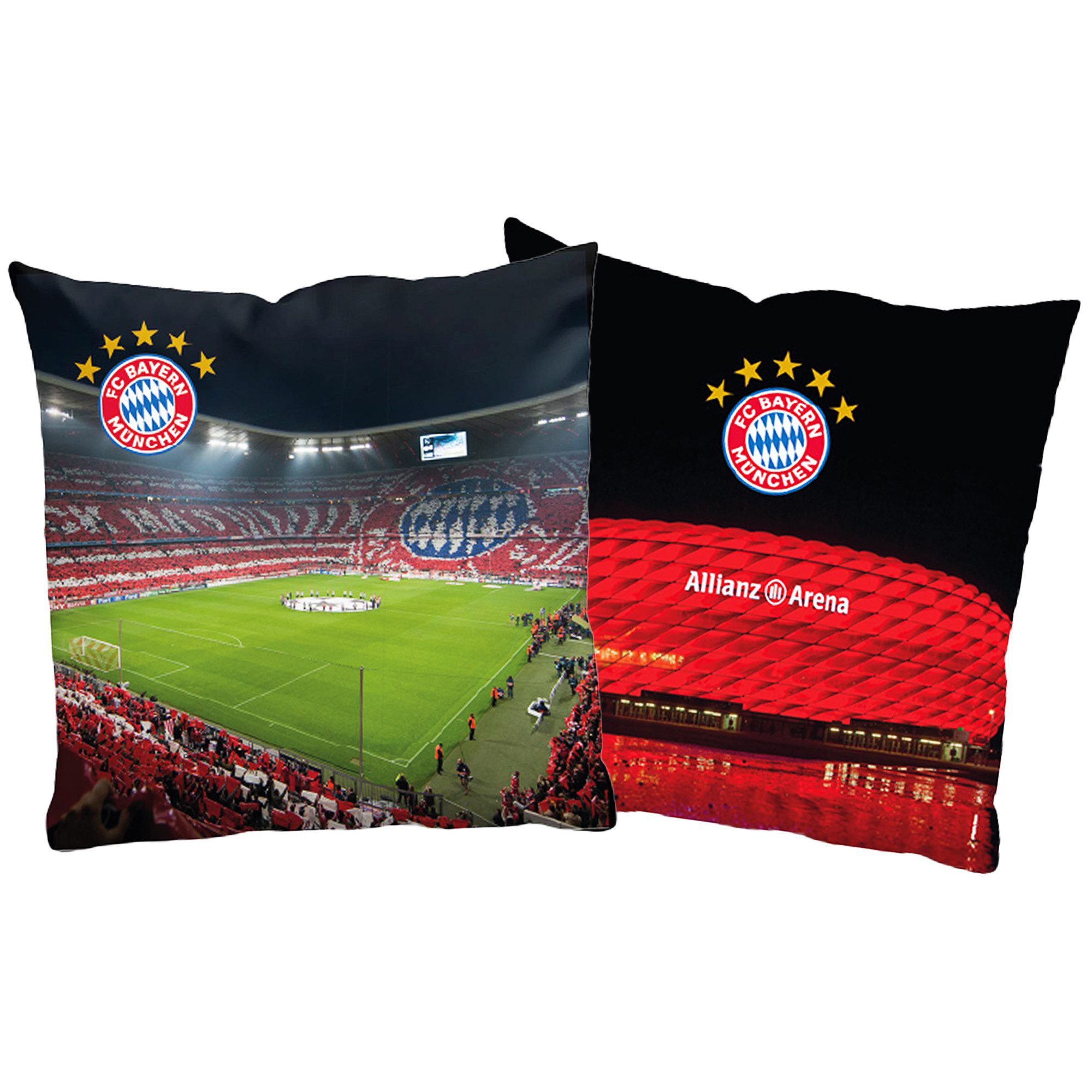 BERONAGE Dekokissen FC Bayern München Kissen Allianz Arena 40x40 cm Fußball-Kuschelkissen, passend zur Bettwäsche, ideal für Sofa, Couch, Bett, Auto, Camping