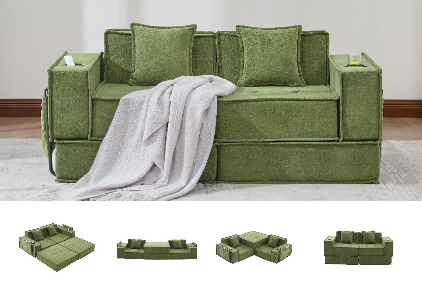 LVHOM Loungesofa Zweisitzer-Sofa mit Schlaffunktion,Modulares Design, Stauraum, Zwei Zierkissen(abnehmbar,waschbar), zwei Getränkehalter, seitliches Metallgestell und Stautaschen, rutschfeste Unterseite, Belastbarkeit bis 300kg, flexibel kombinierbar als Sitzgelegenheit, Lounge-Sofa oder Gästebett, ideal für kleine Wohnungen, Homeoffices und Gästezimmer