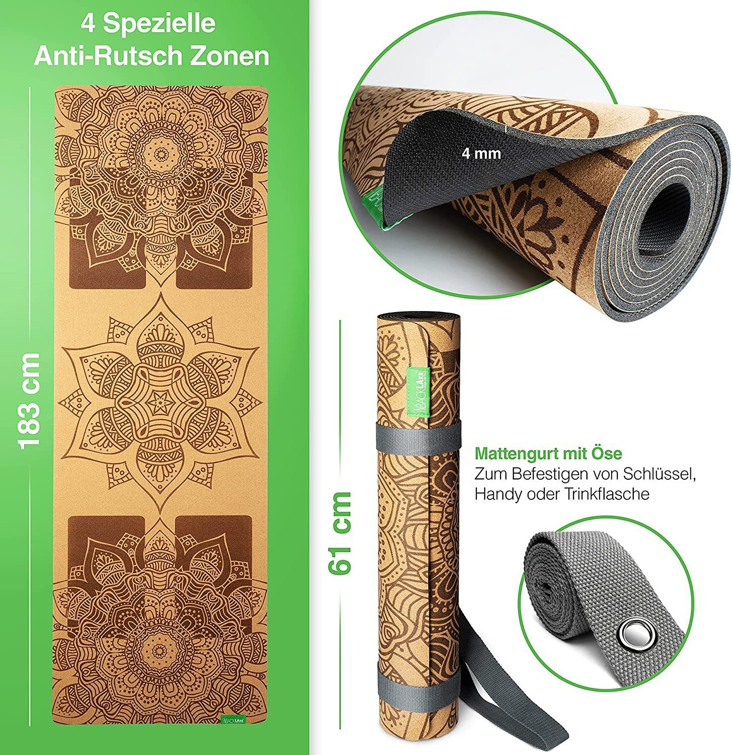 BACKLAxx® Yogamatte aus hochwertigem Kork, Gymnastikmatte 183 x 61 x 0,6 cm (Fitnessmatte aus Kork, inkl. Tragegurt & Videokurs), 4 mm stark, aus natürlichen Rohstoffen, mit Antirutschzonen