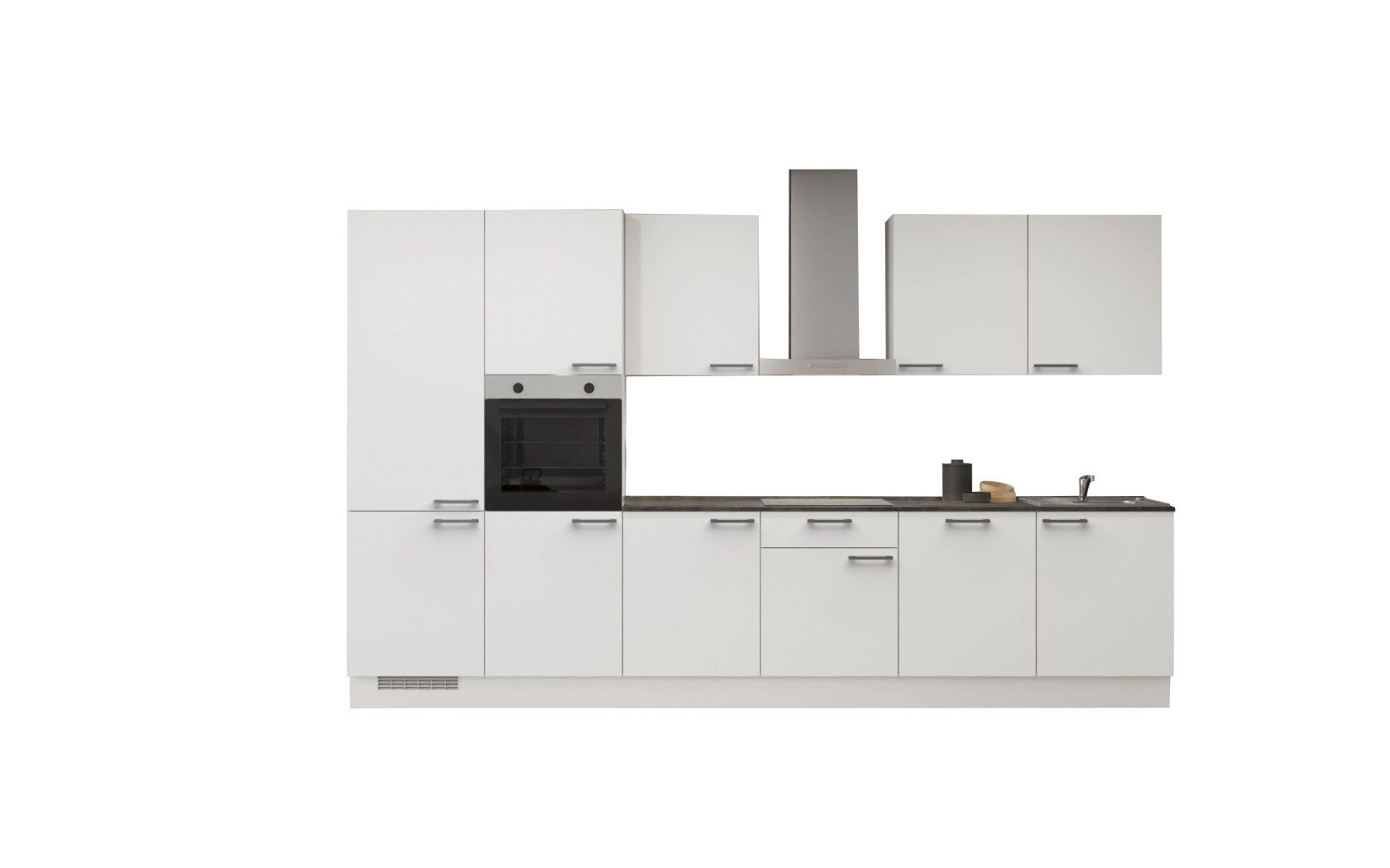 Front: Lacklaminat, Alpinweiß supermatt | Korpus: Alpinweiß | Arbeitsplatte: Beton schiefergrau