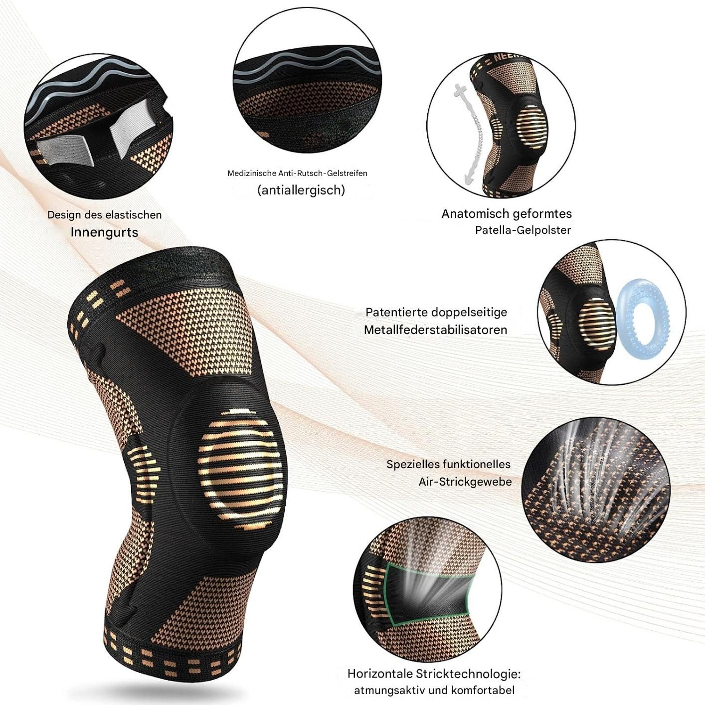 NEENCA Kniebandage Kniebandage Sport Gelenkschutz Stabilisierung Kompression (Einzeln verpackte Kniebandage für Sport & Alltag mit Kompressionswirkung, 1-teiliges Kniebandage-Set mit Federstabilisatoren für Gelenkschutz), Kniebandage mit Stabilisierung, Gelenkschutz & Schmerzlinderung