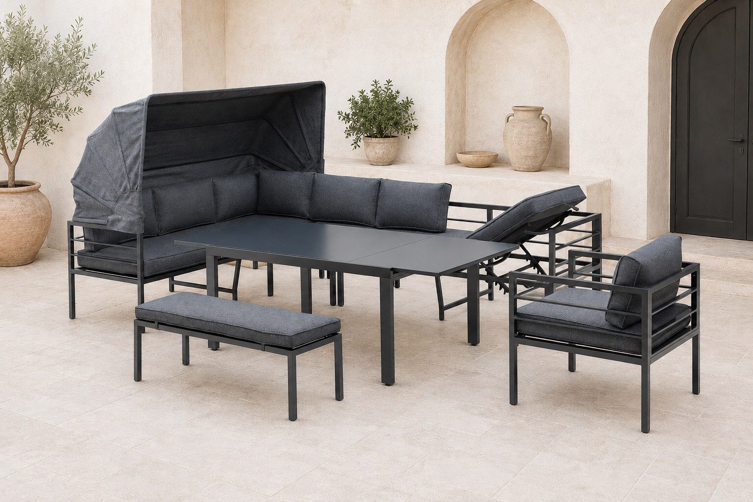 Gardissimo Gartenlounge-Set Dining Eck Lounge Belano mit ausziehbaren Tisch, (Spar-Set, 4-tlg., Eckelement + ausziehbaren Tisch + Sessel + Bank + Auflagen), mit ausziehbaren Tisch / mit Sonnendach / mit Liegefunktion