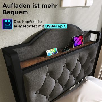 Flieks Polsterbett, Samt Einzelbett 90x200cm mit USB Typ C Ladefunktion und 1 Schublade