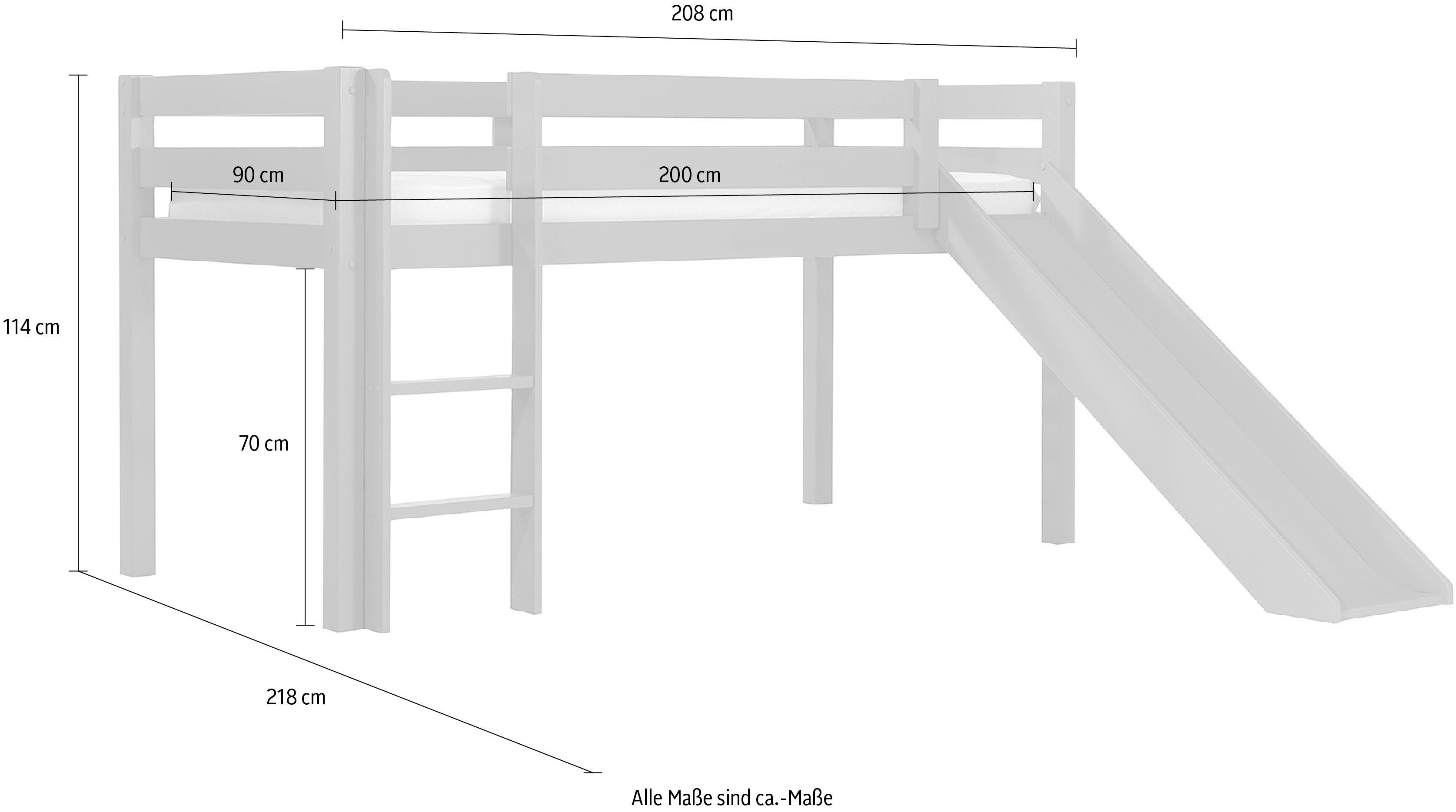 Vipack Hochbett Pino, inkl. Rolllattenrost, Leiter, Rutsche und Absturzschutz (B/H/T ca. 210x114x218cm, Kiefer massiv, stabil und standfest) in verschiedenen Farben erhältlich