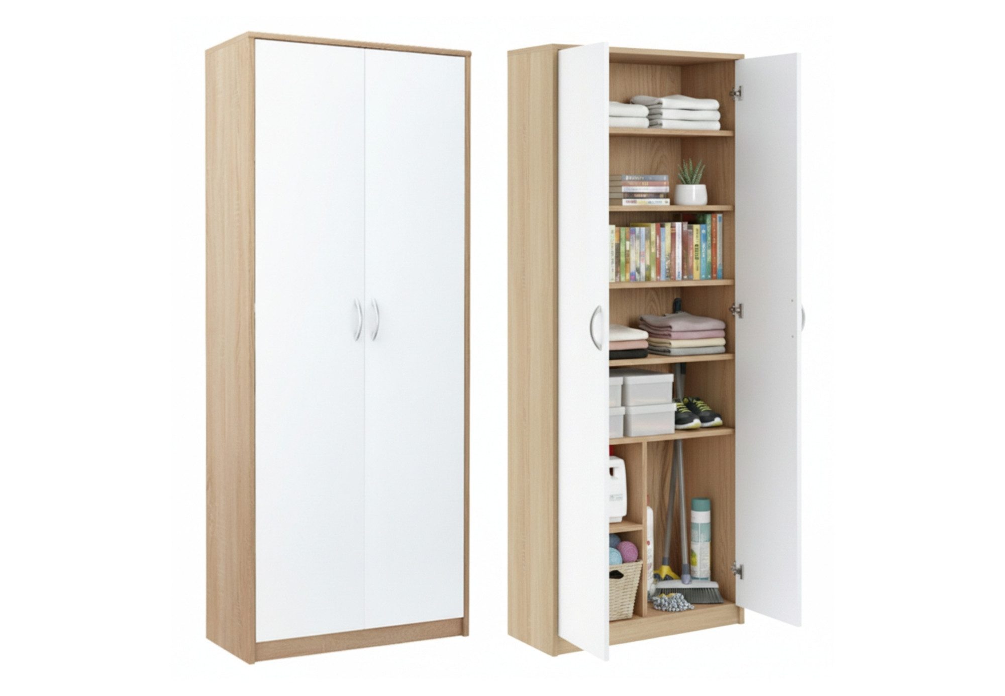 Home Collective Mehrzweckschrank mit 8 Fächern Besenschrank Haushaltsschrank (74 cm breit aus Laminatplatte und hochwertigen Polymergriffen) in mattem Finish mit 6 Einlegeböden und 2 Türen sonoma weiß