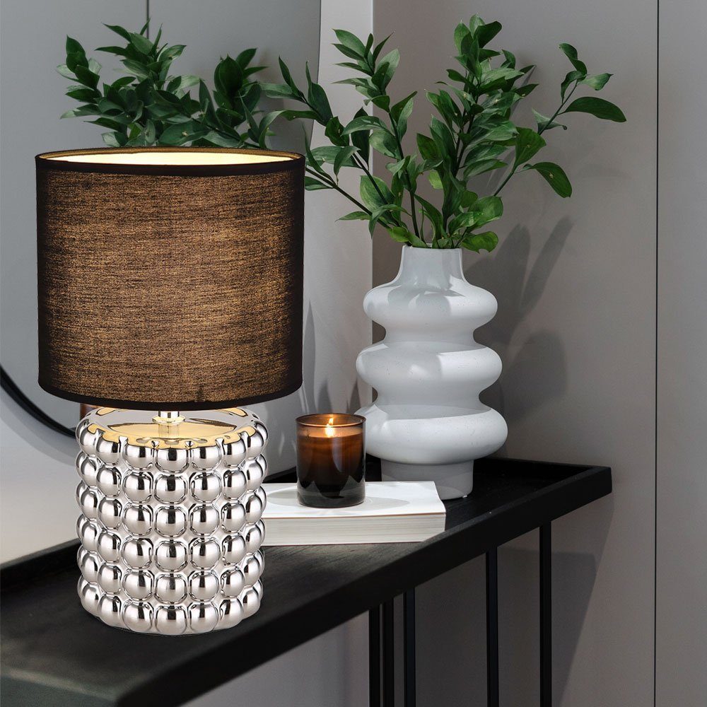 etc-shop LED Tischleuchte, Tischlampe Schlafzimmerleuchte Nachttischlampe Keramik Textil Chrom