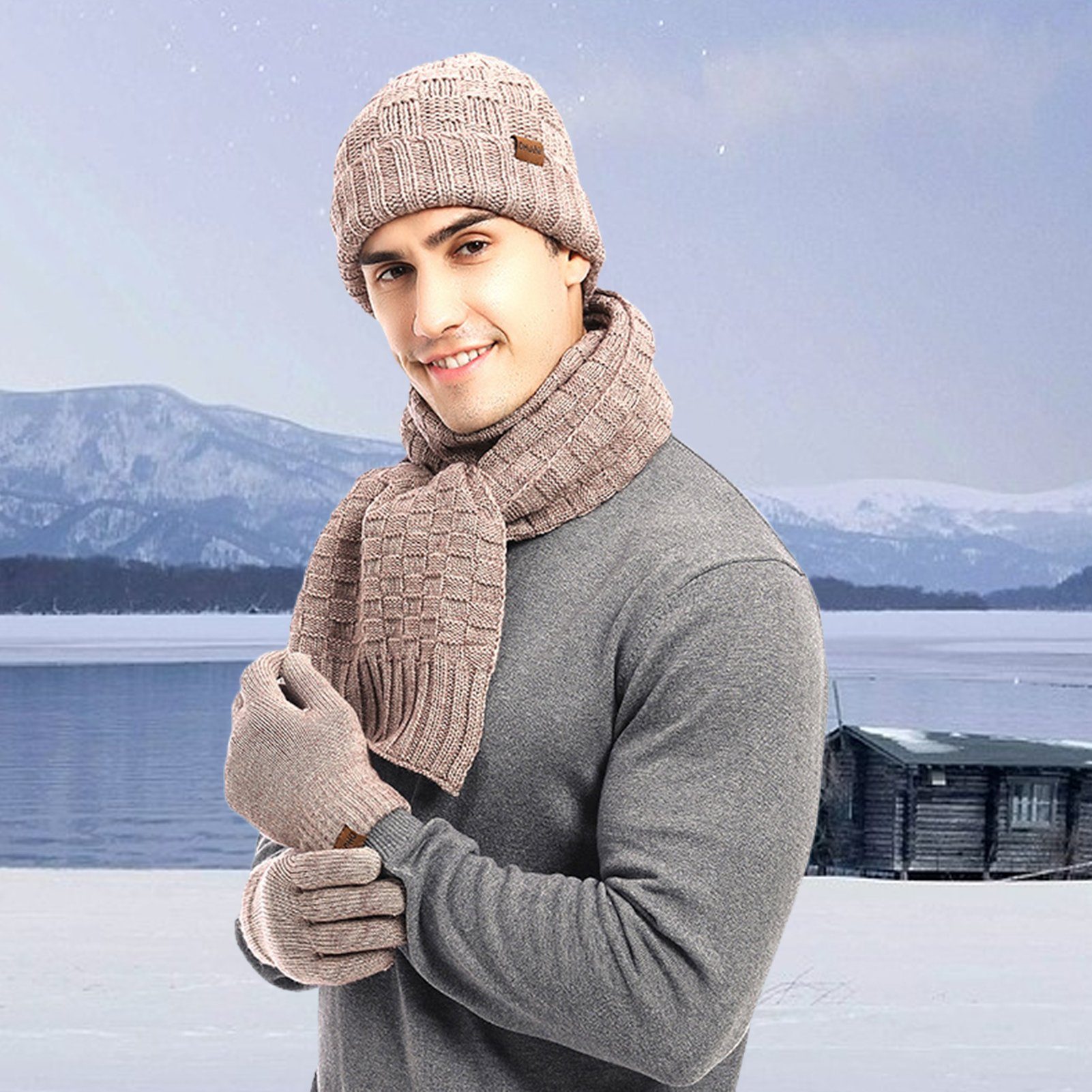 Schal für Damen warmes Winter Fleece-Set Rutaqian Set Herren den Grau für kältebeständiges, (Dreiteiliges, Mütze Außenbereich) und Handschuhe Warm Strickmütze und