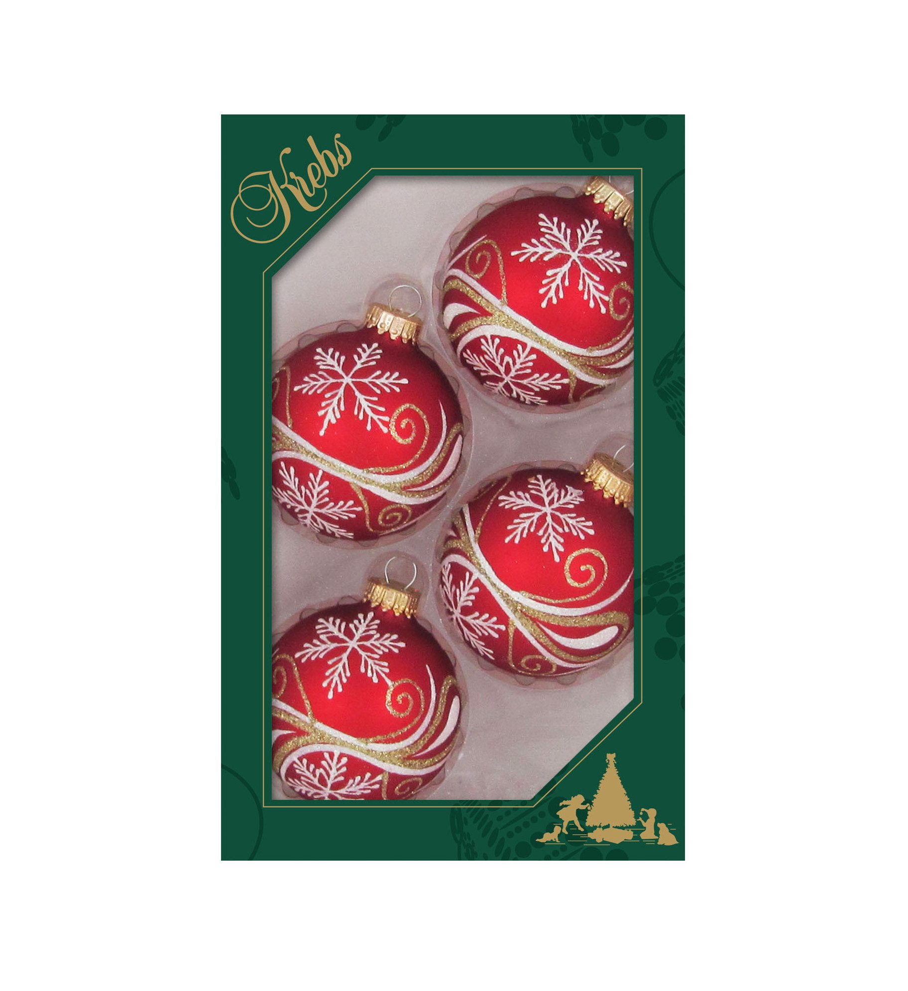 Krebs Glas Lauscha Weihnachtsbaumkugel Glaskugel 4er Set - Rot mit Gold-Weißen Kringeln - ca. 7 cm, Harmonische Weihnachtsdekoration - ideal auch als Geschenkidee