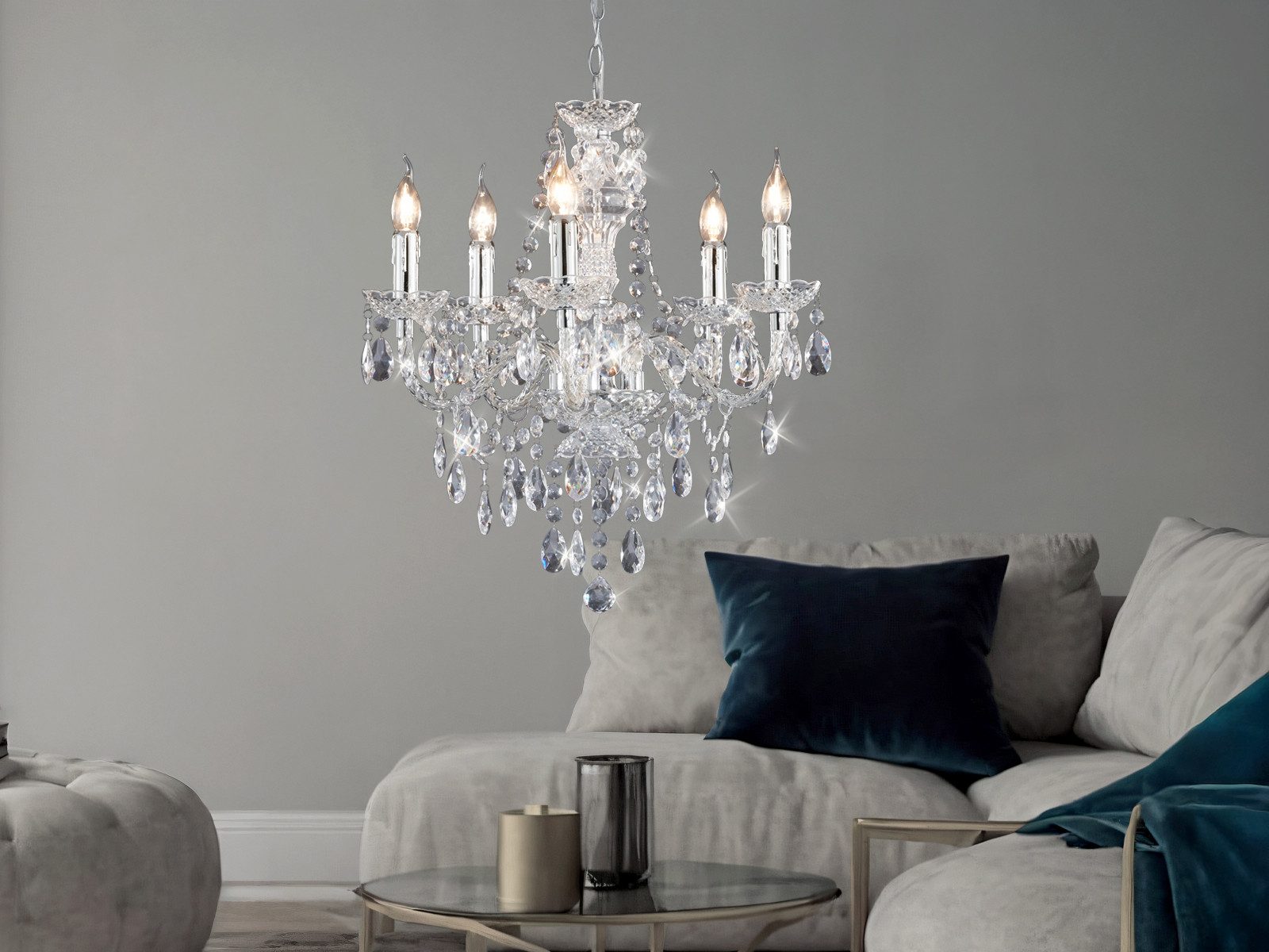 Reality Leuchten LED Kronleuchter, Dimmfunktion, LED wechselbar, Warmweiß, Kristall Pendelleuchte Galerie & Esstisch hängend mehrflammig Ø 52cm
