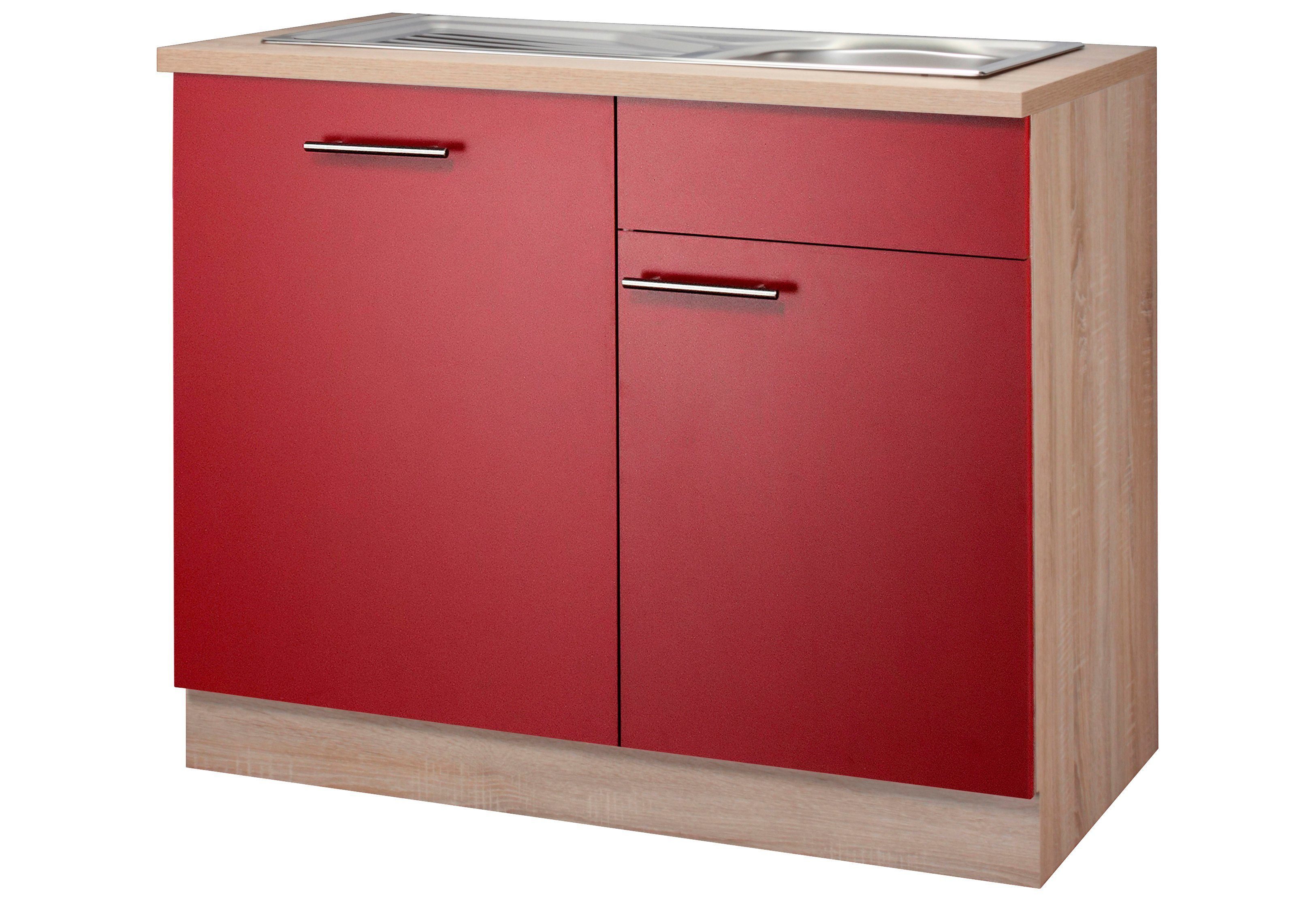 wiho Küchen Spülenschrank Montana 110 cm breit, inkl. Tür/Griff/Sockel für vollint. Geschirrspüler Burgund/Eichefarben | Spülenschränke