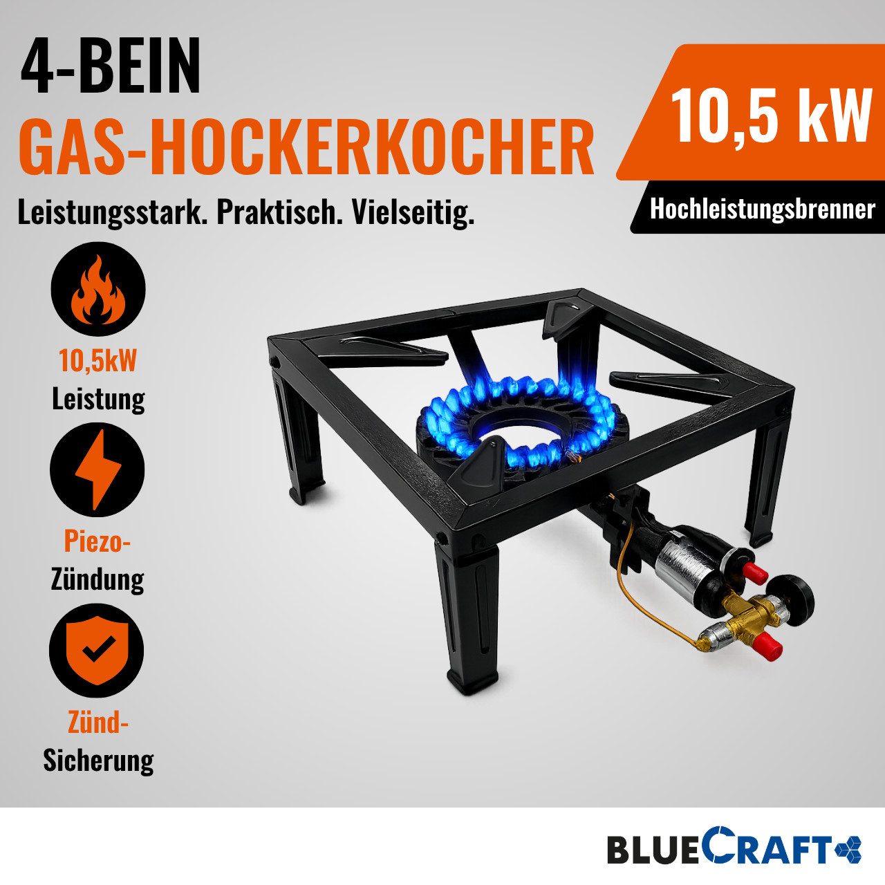BlueCraft Gaskocher Hockerkocher 10,5 kW Gas mit Zündsicherung Piezozündung für Gasflasche, (Inklusive 2 in 1 Gasregler-Schlüssel mit Magnet), 4 Bein Profi Gasbrenner Gusseisen für Camping Räucheröfen Wok Kocher