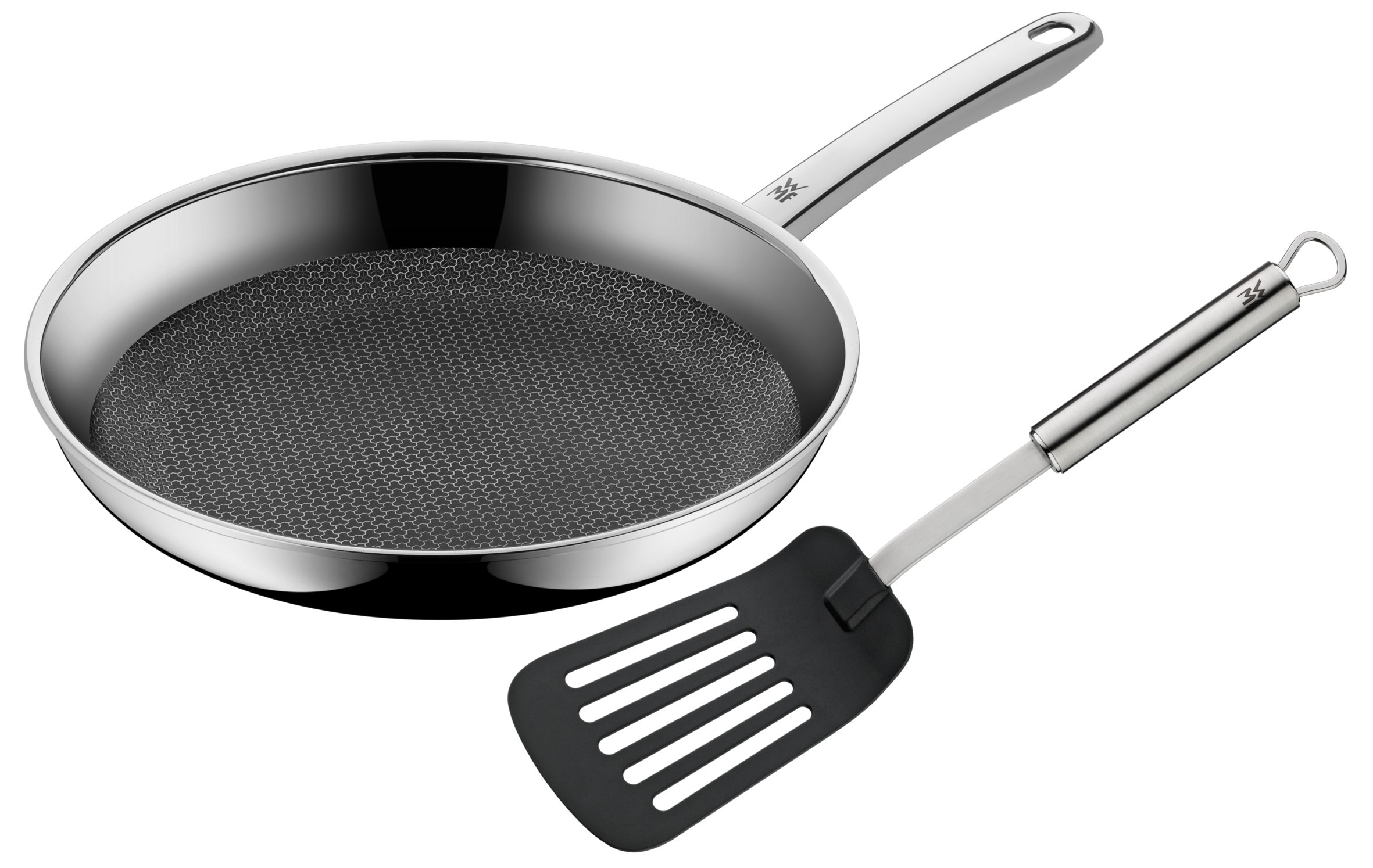 WMF Bratpfanne Profi Resist Stielpfanne mit Pfannenwender, 28 cm, 3-Schicht-Material: Innenseite Cromargan® Edelstahl rostfrei 18/10, im Kern Aluminium, Außenseite Chromstahl (2-tlg., 1x Bratpfanne beschichtet 28 cm, 1x Pfannenwender), - optimal für Herdplatten mit Ø 22 cm