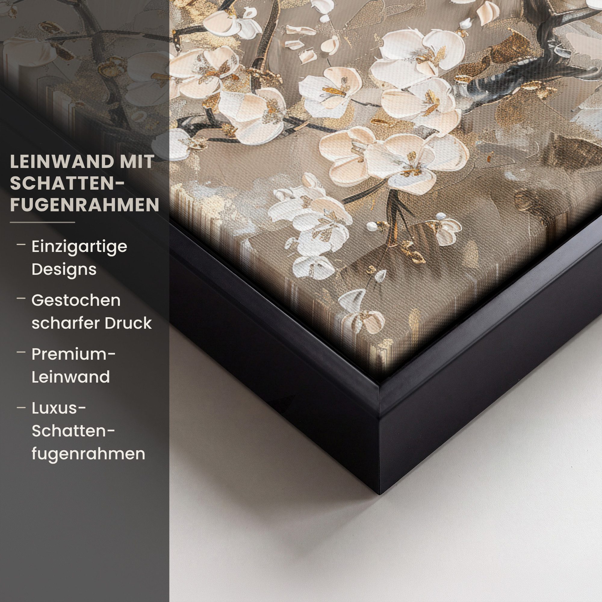 OneMillionCanvasses® Leinwandbild mit Rahmen - Blumen - Weiß - Gold - Beige - Luxus, Fotodruck (1 St), Leinwand Bilder Klein, Wand Dekoration Aesthetic 20x20cm – Bild 3 von 5