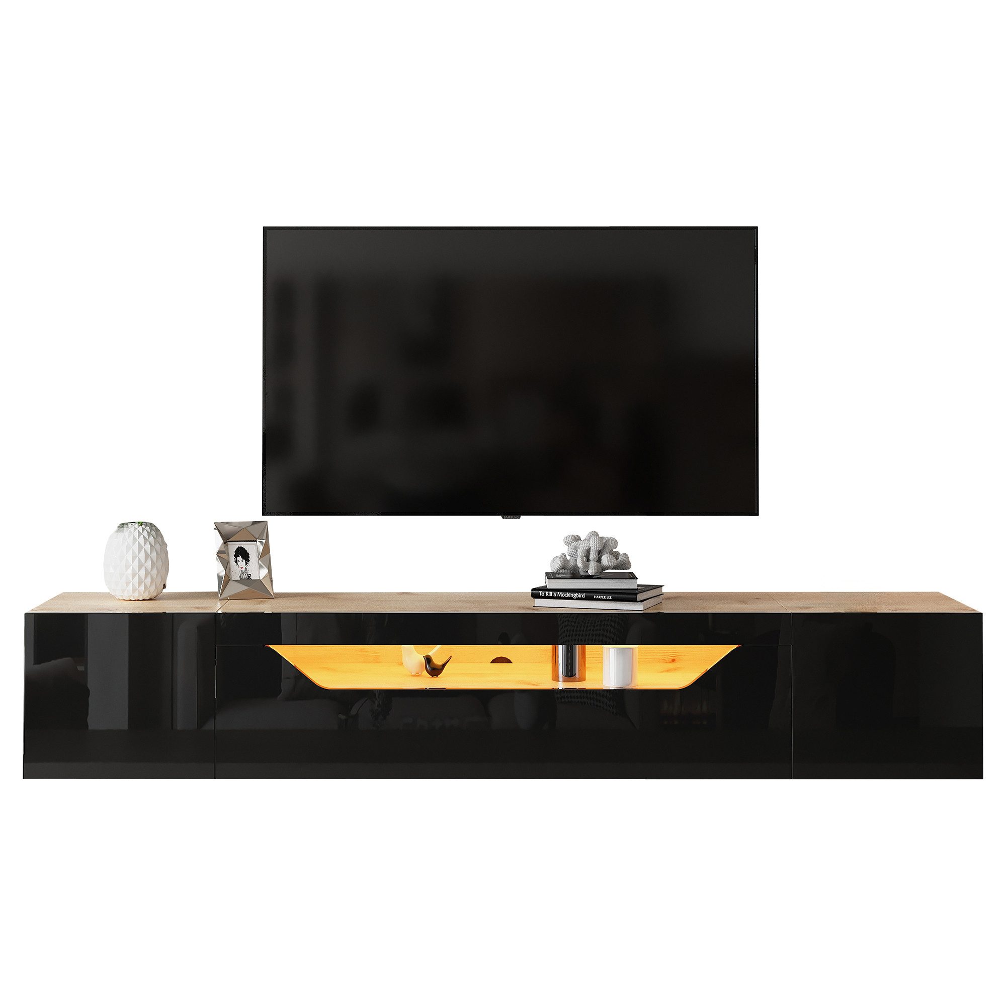 OKWISH Lowboard Fernsehschrank mit 3 Staufächern (TV-Board, Wohnzimmermöbel, 1 St., mit LED-Licht, Hochglanz), Passend für 75-Zoll-Fernseher