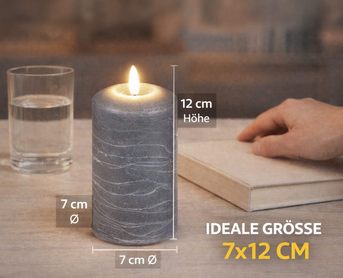 formano LED Dekolicht LED-Wachskerze Grau 12cm 3D Flackereffekt & Timer 6Std an/ 18Std aus, LED fest integriert