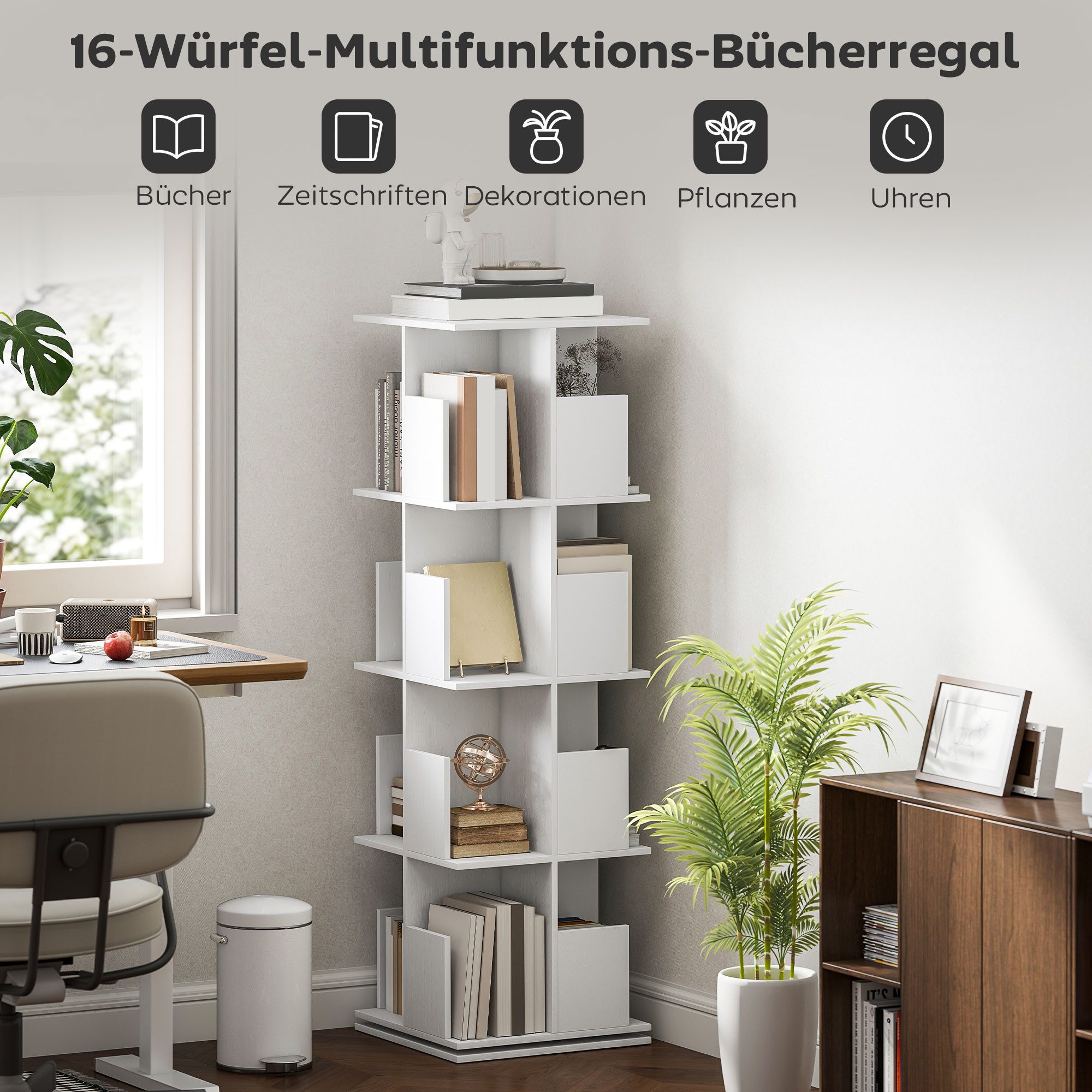 HOMCOM Bücherregal Dekoregal Regal 4 Ebenen, 16 Fächern für Schlafzimmer, Wohnzimmer, Standregale 1-tlg., 360° drehbare Basis, Weiß – Bild 5 von 5