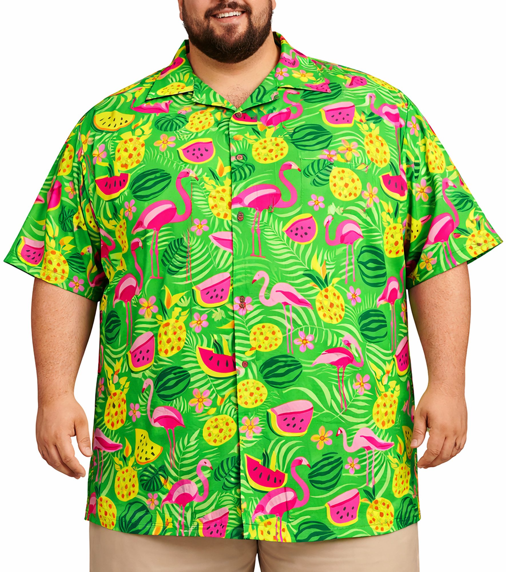 King Kameha Hawaiihemd Flamingo Melone Übergrößen 7XL-12XL Sommerhemd Kurzarm Front-Tasche