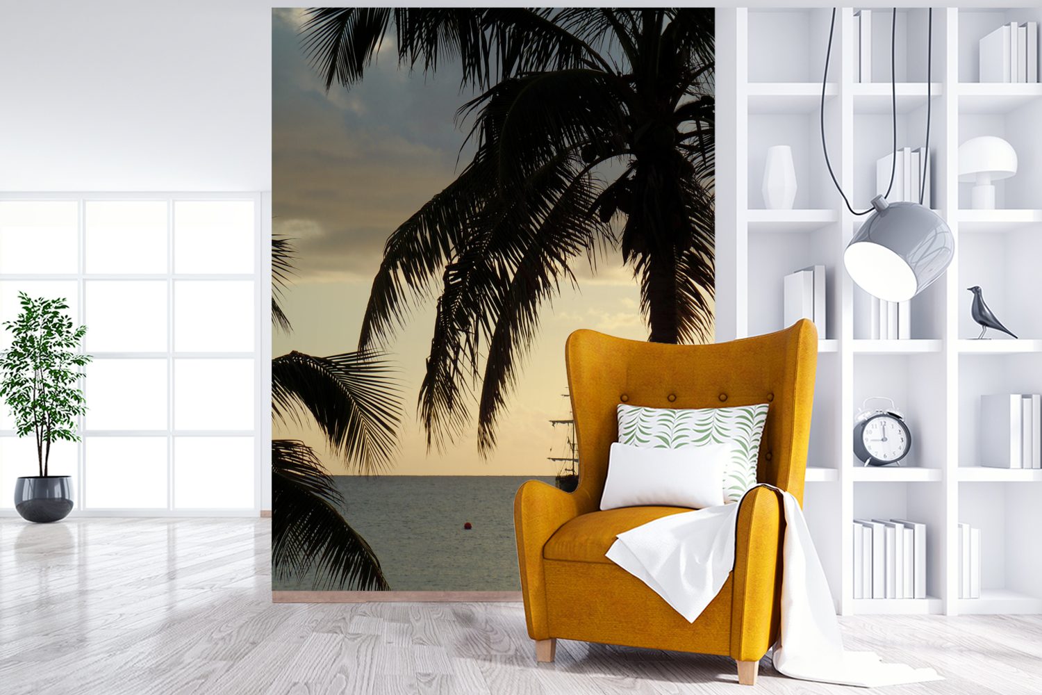 MuchoWow Fototapete Silhouetten von Palmen Montagefertig Schiff für Wohnzimmer, Hintergrund (4 Matt, Tapete Vinyl im und bedruckt, Wandtapete schönes St), ein Grand, auf
