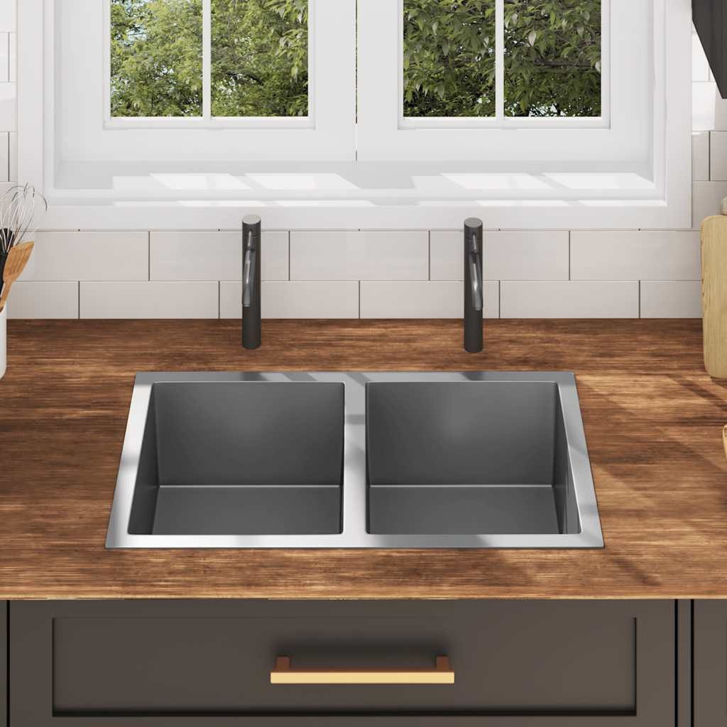 vidaXL Granitspüle Handgefertigte Küchenspüle Edelstahl, 44/76 cm – Bild 3 von 5