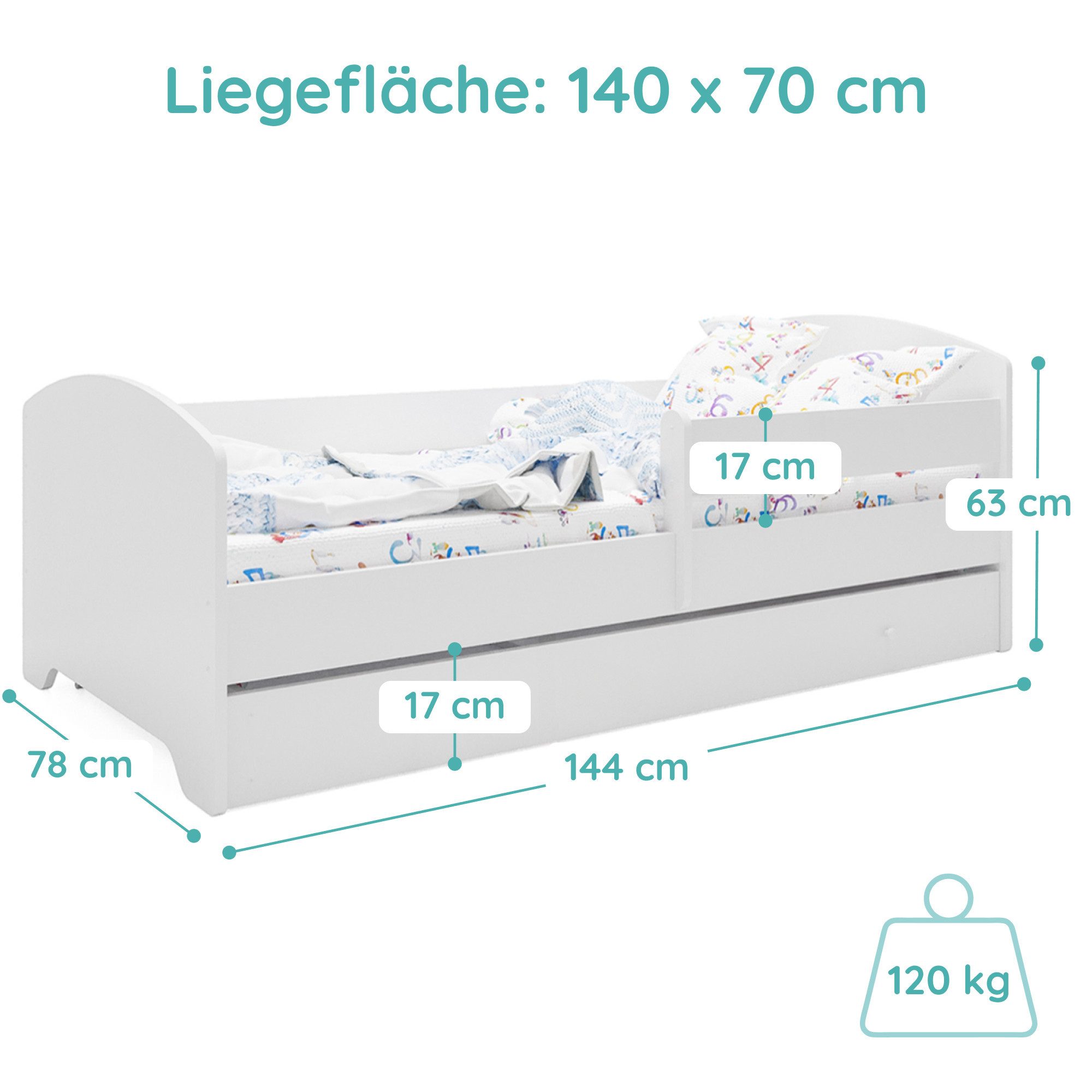 Kids Collective Kinderbett 70x140 / 80x160 cm Komplettset mit Matratze & Schublade (Bett für Jungen und Mädchen, Einzelbett für Kinder von 2 - 10 Jahren), komplettes Set in Weiß für Jungen und Mädchen 70x140 cm