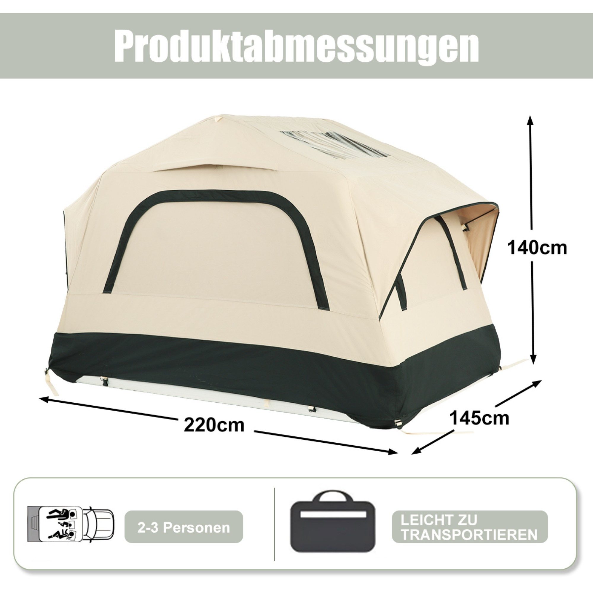 LVHOM aufblasbares Zelt Dachzelt, 220x145x133cm, dreieckiges Campingzelt, windbeständig, Personen: 3 (Zubehöre mit 1 Handpumpe, 1 Tragetasche, 10 Heringe, 2 Verstärkungsleinen, Bodenplatte und ausziehbarer Leiter, UPF50+/wasserdicht/winddicht/5 Min. aufgebaut), geeignet für Jeep, SUV