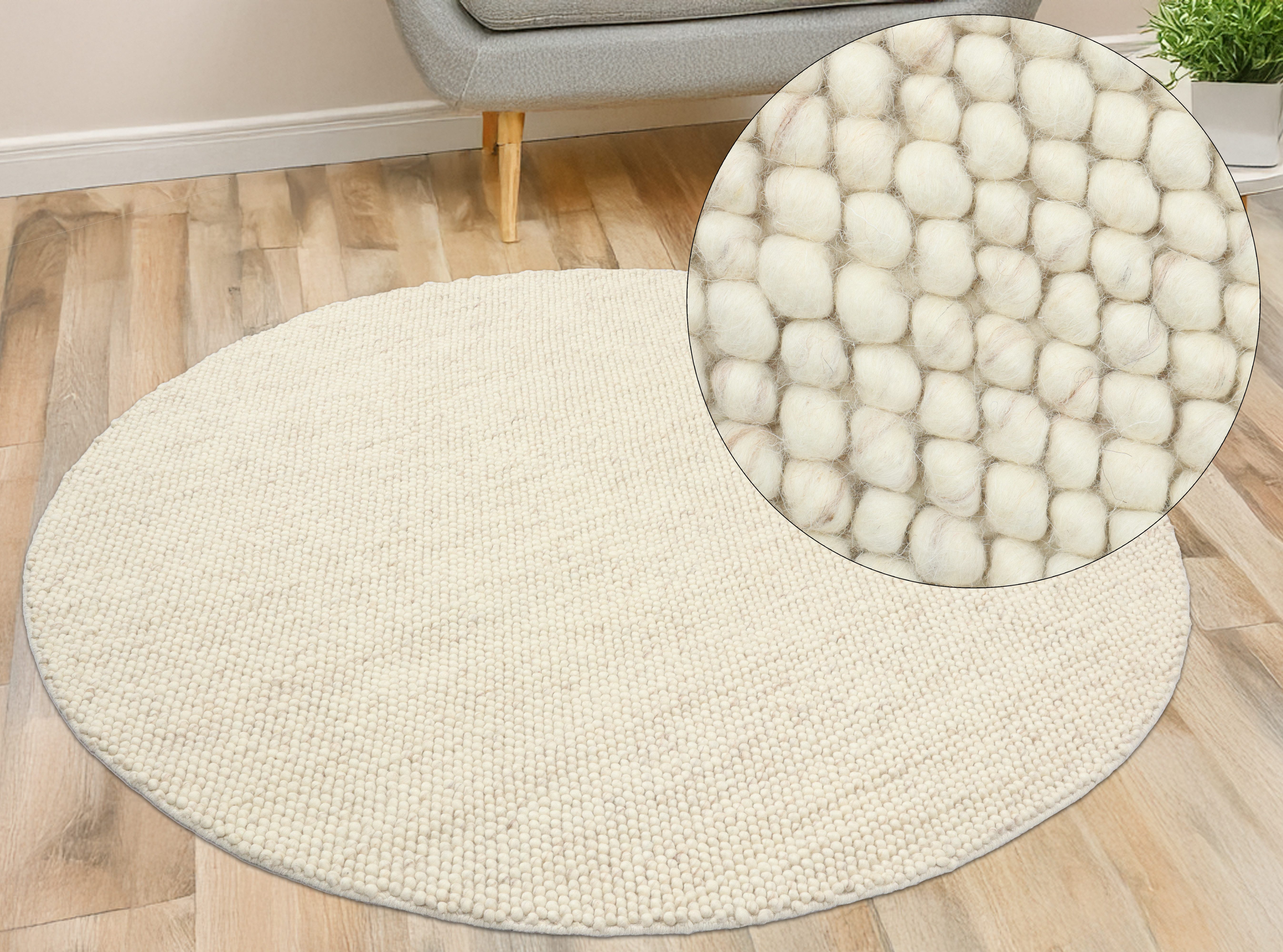 LeGer Home by Lena Gercke Wollteppich Ainhoa, handgewebt, Wolle, rund, Höhe: 12 mm, einfarbig, Wolle, Teppich, Wohnzimmer, Schlafzimmer, Esszimmer