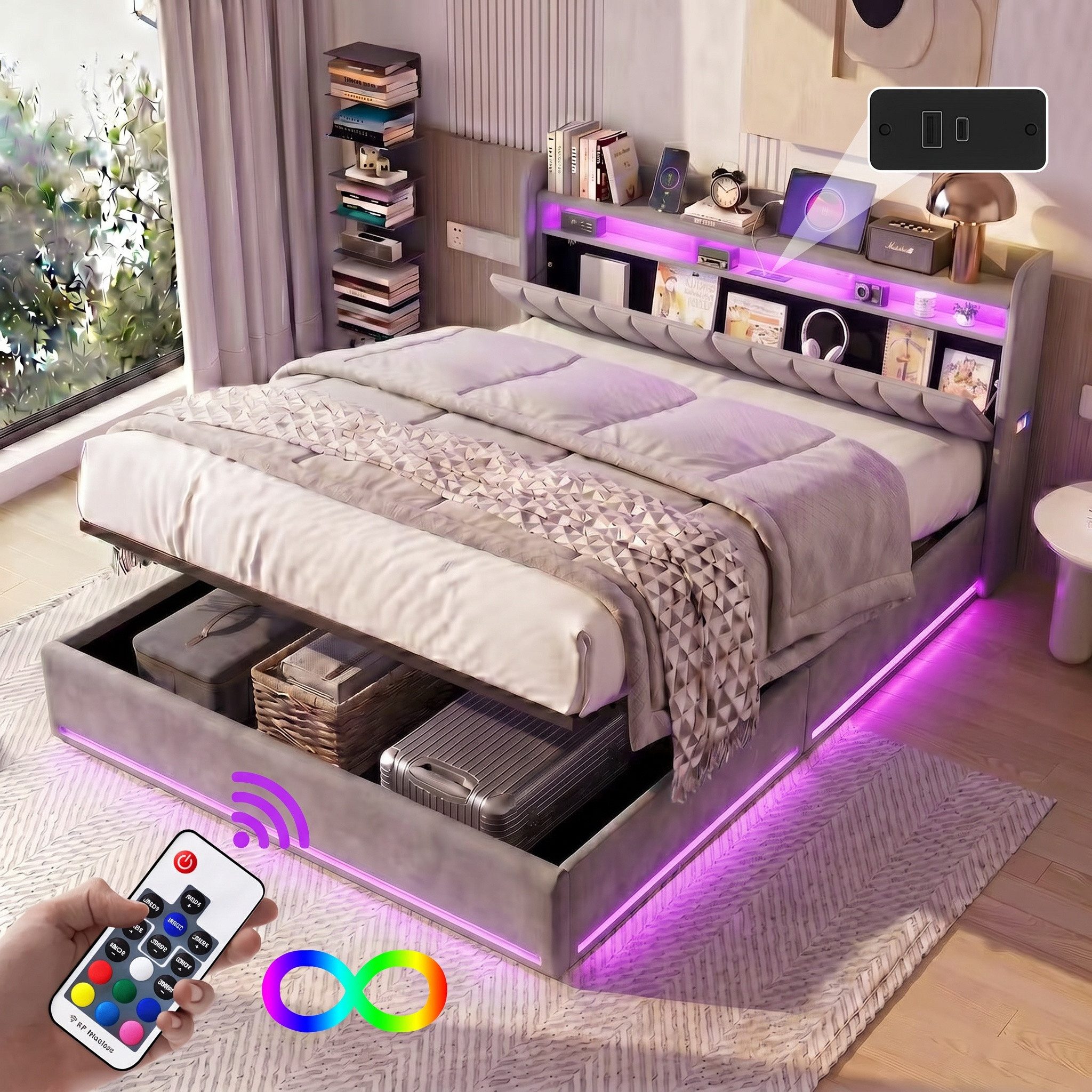 Gdood Polsterbett Stauraumbett Doppelbett LED (Type-C + USB, Hydraulisch hebbarer Stauraum), Mit Bettkasten, LED-Beleuchtung, USB-Anschluss, 160x200 cm