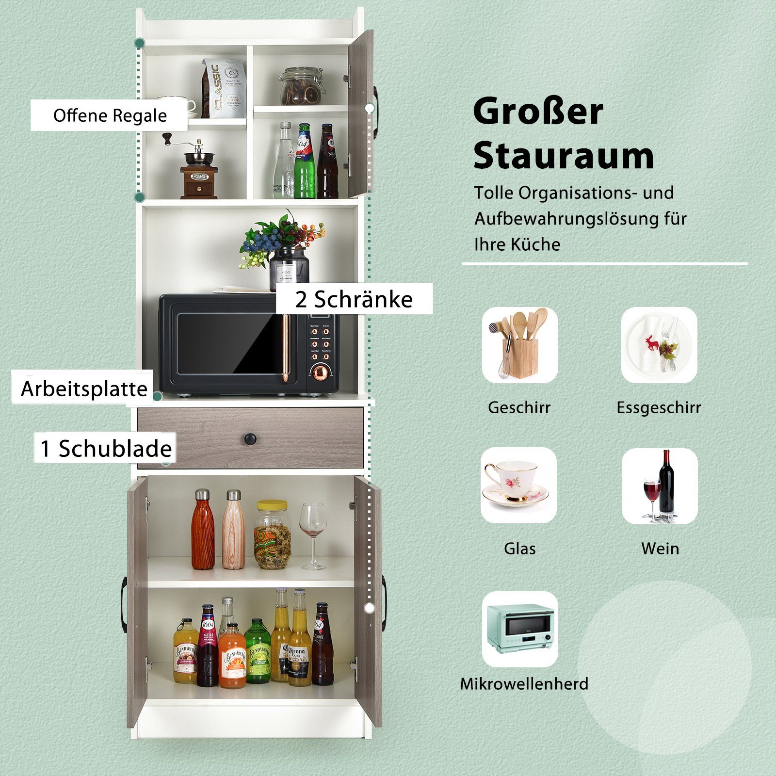 COSTWAY Küchenbuffet Hochschrank mit Schublade & verstellbare Ablagen, 180cm – Bild 4 von 5