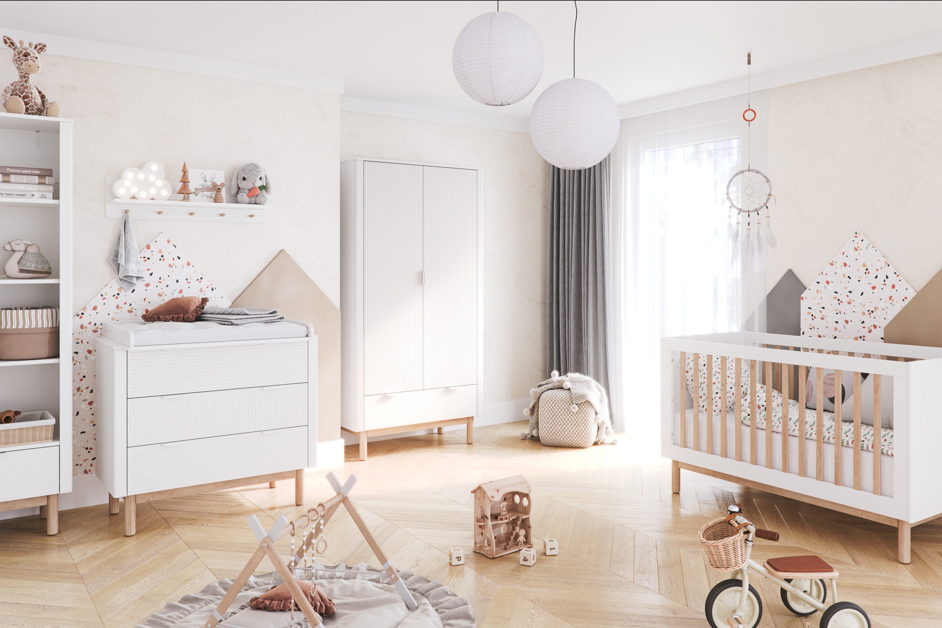 KONSIMO® Kommode LOTTI Kinderkommode, Kombikommode, hergestellt in der EU, geriffelte Front, mit 3 Schubladen, mit Türen, beidseitig montierbar