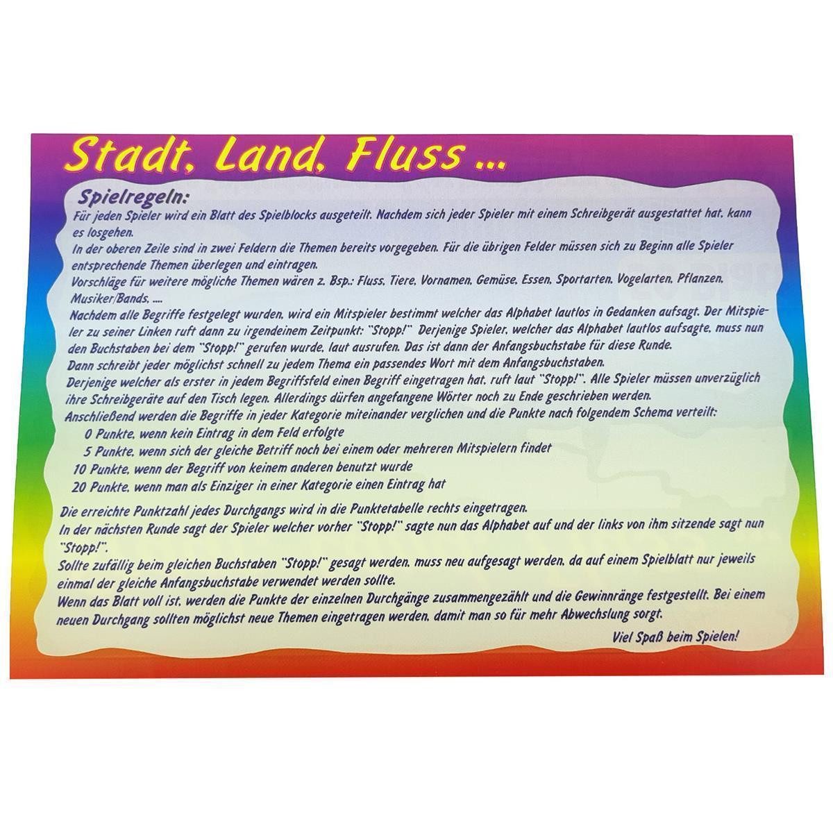 Global Partner Spiel Stadt Land Fluss Spielblock 50 Blatt DIN A5, Gesellschaftsspiel, Mit ausführlicher Spielanleitung.