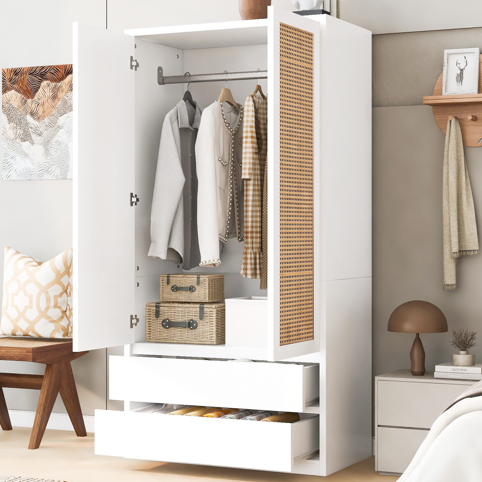 Celya Kleiderschrank 90 × 50 × 170 cm, mit zwei großen Schubladen, verdeckten Türgriffen (Kleiderschranktüren aus Rattan, großzügigem Hängebereich)