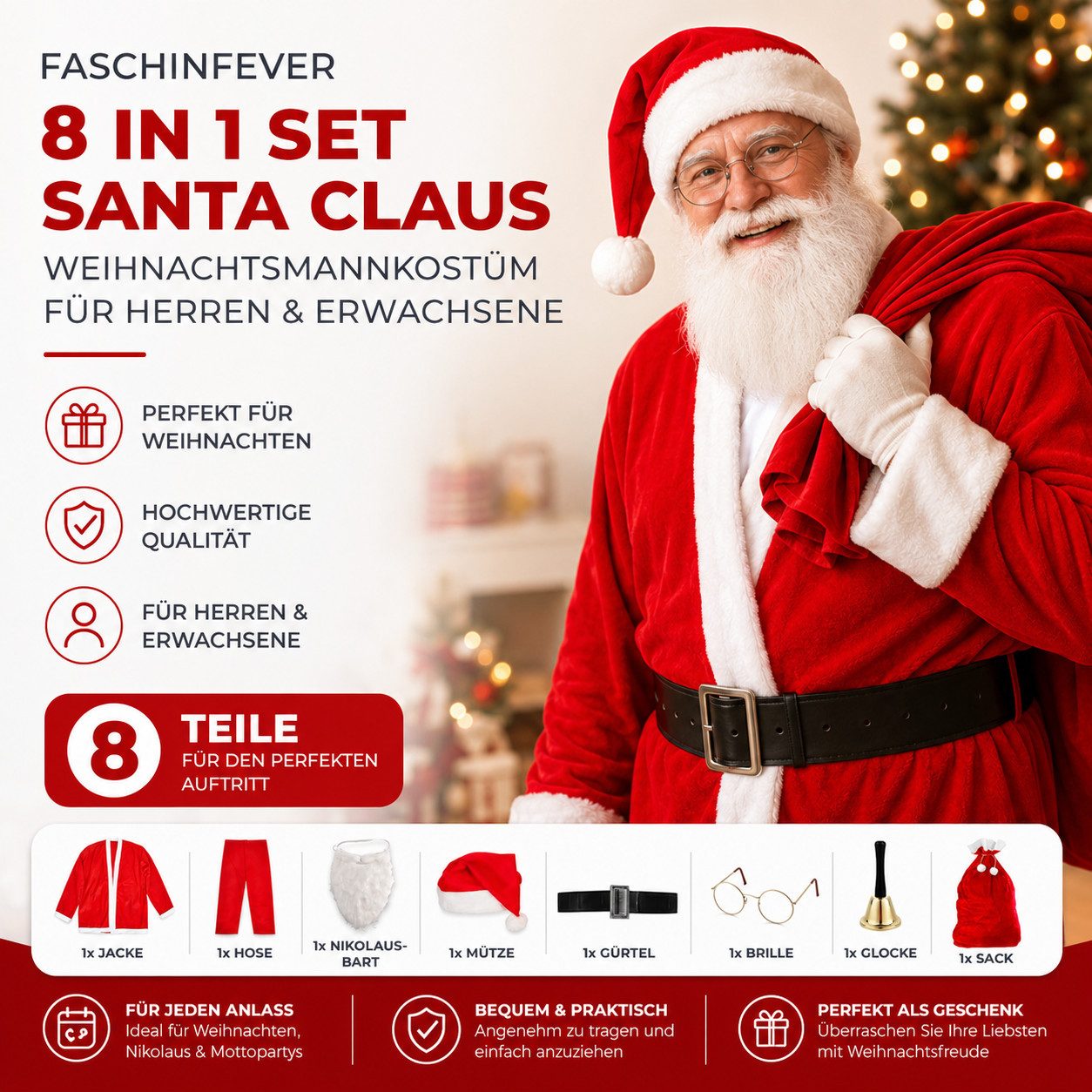 FASCHINFEVER Kostüm 8 in 1 Set Santa Claus - Weihnachtsmannkostüm & Nikolauskostüm