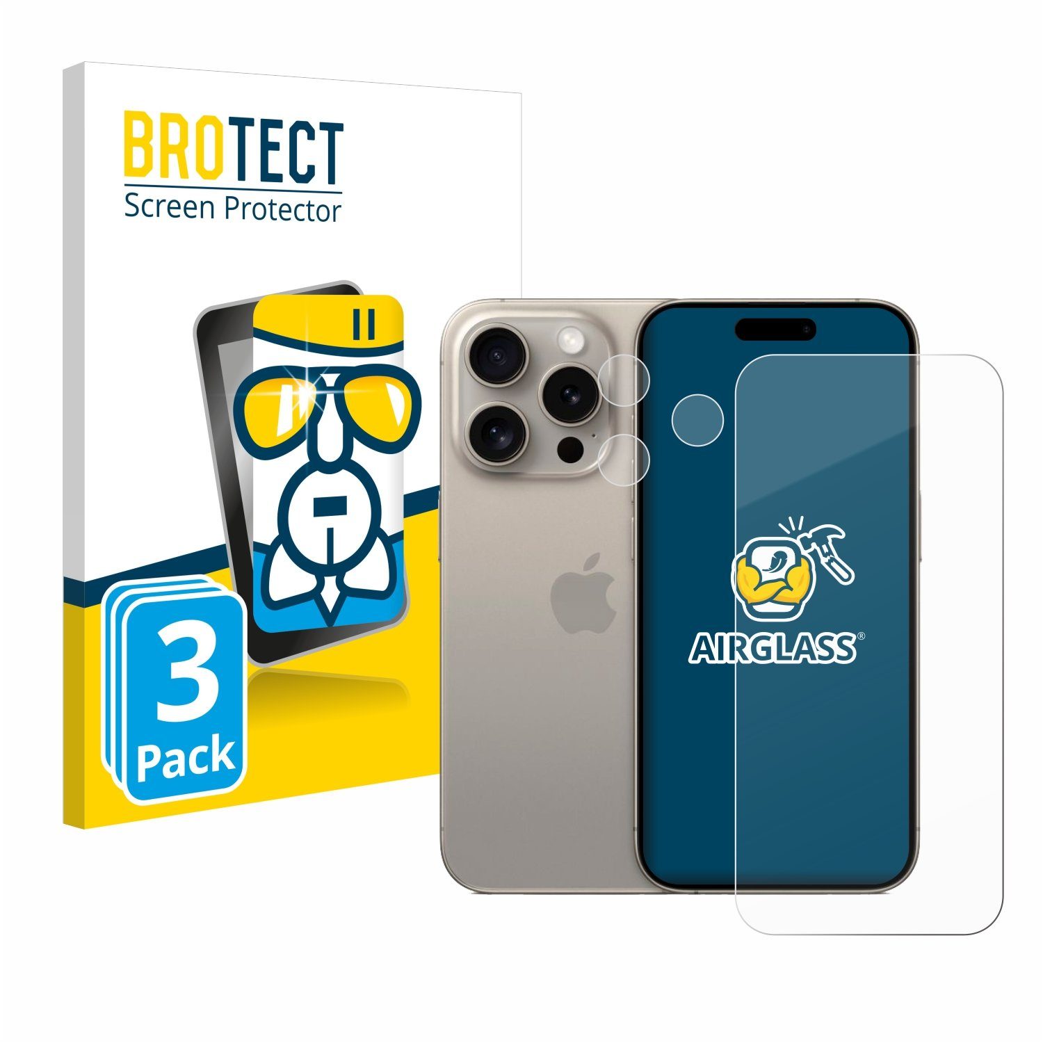 BROTECT Displayschutzglas Folie für Apple iPhone 15 Pro (Display+Kamera), 3 Stück, Schutzfolie Glas Panzer Display Schutz klar
