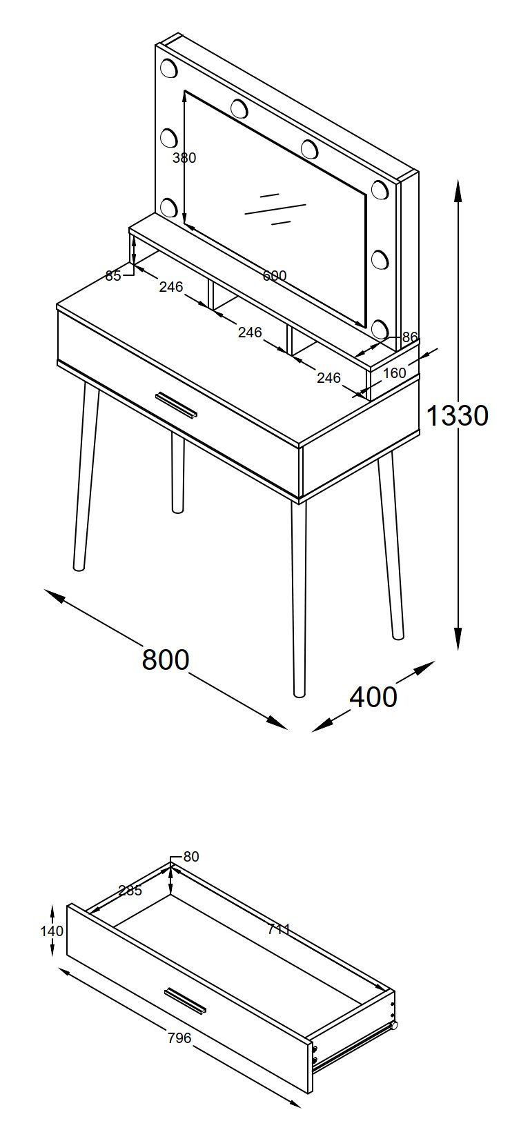 VCM Schminktisch Lindas B. 80 x T. 40 x H. 133 cm, Frisiertisch, Schminkkommode, 3 Fächer, 1 Schublade – Bild 4 von 4