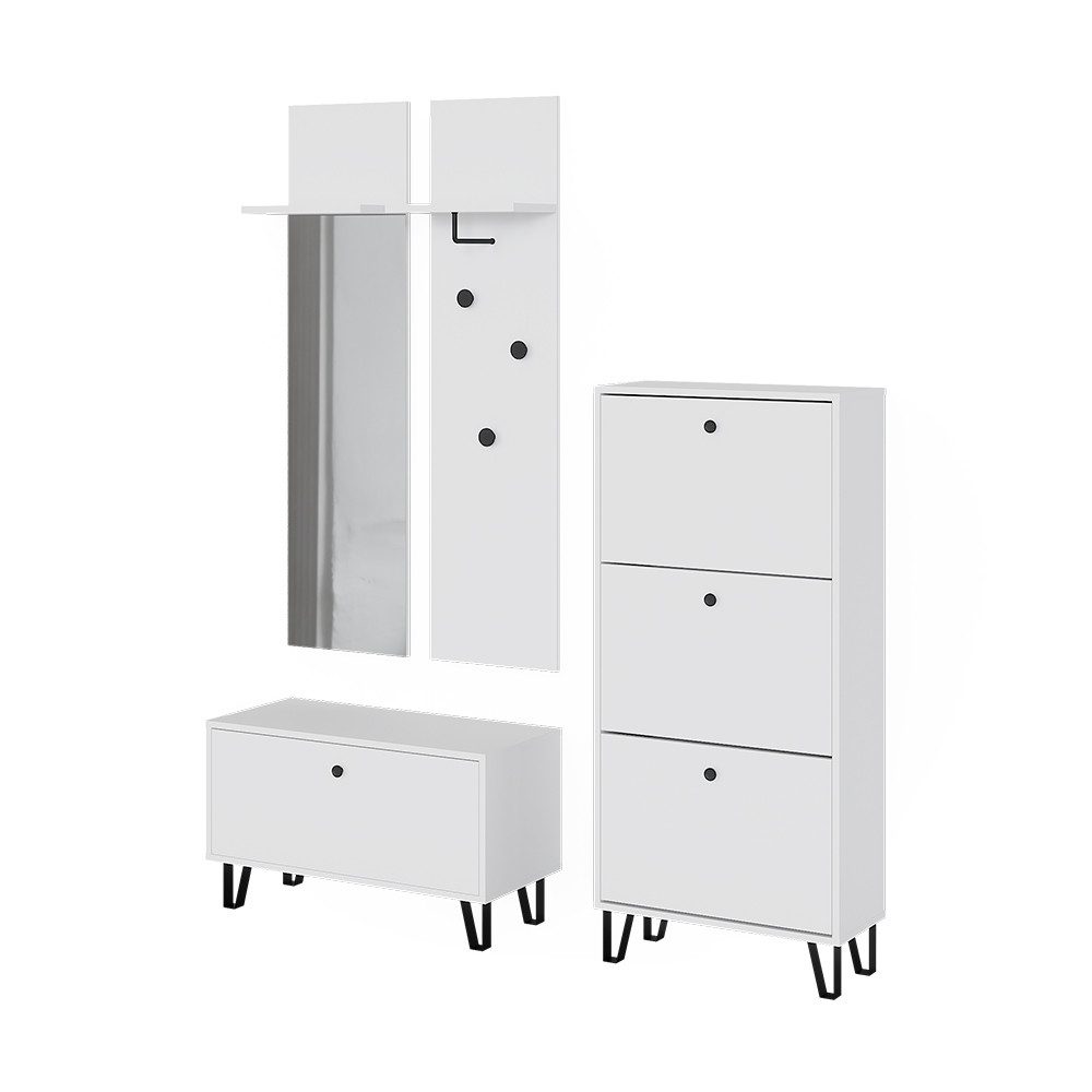 Spiegelschrank Siri, Weiß, Set mit Wandgarderobe, Schuhbank und Schuhschrank