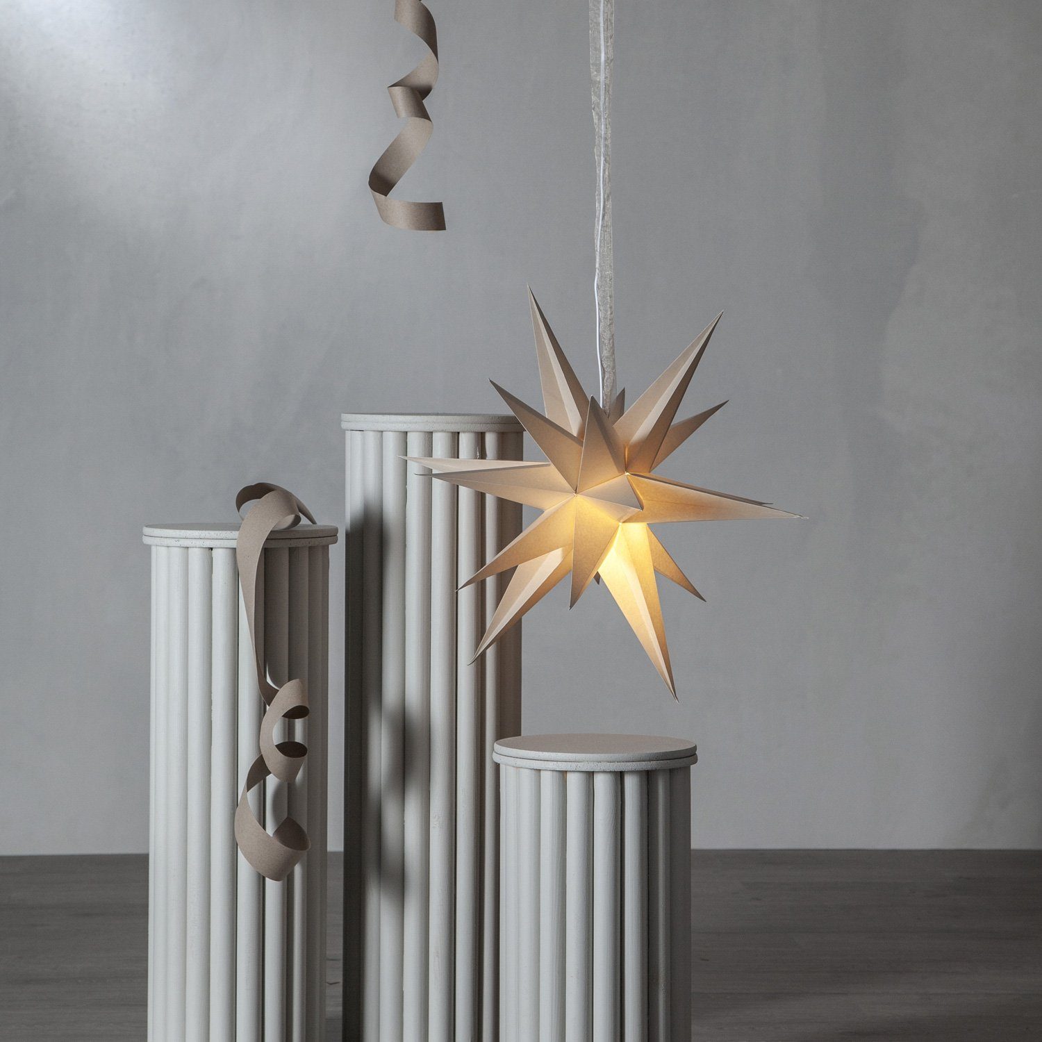 Stern creme mit LED 45cm Faltstern Papierstern Stern MARELIDA Band Weihnachtsstern 3D D: