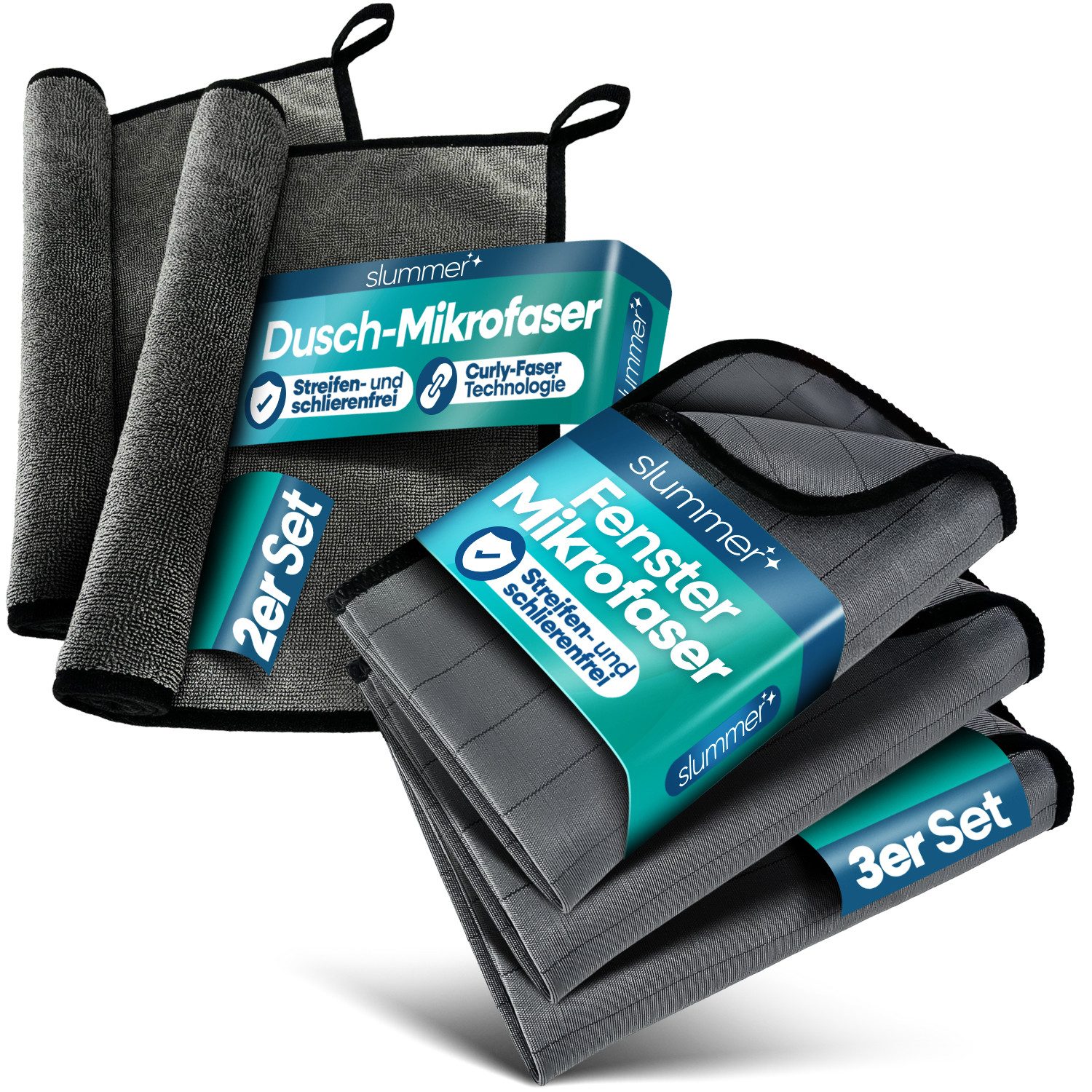 Slummer Spar-Set Fenstertuch (3er) Trockentuch (2er) streifenfrei Mikrofasertuch (Mikrofaser, Spar-Set, 5-tlg., 5er Set, hohe Wasseraufnahme Auto Küche Camping)