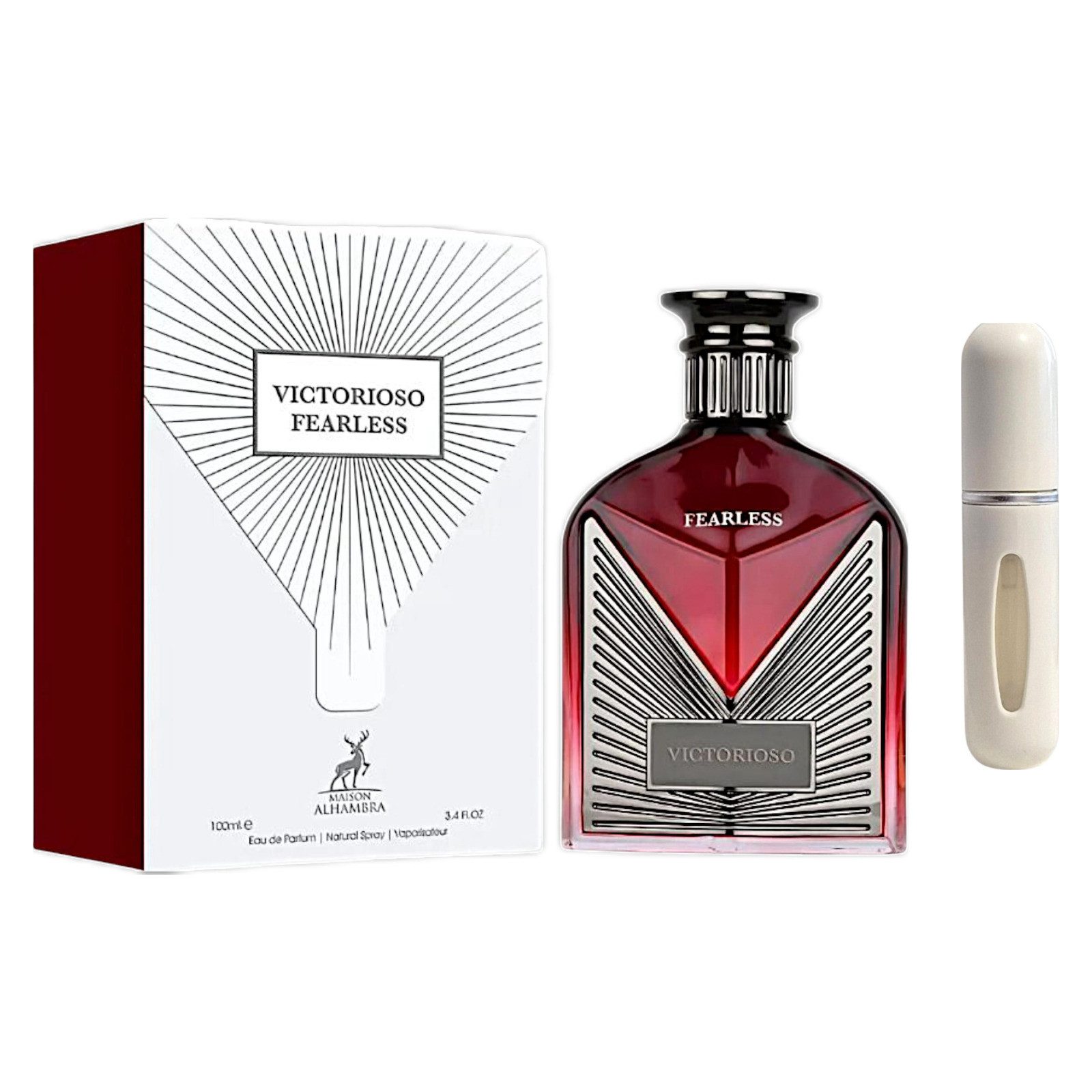 Maison Alhambra Duft-Set Victorioso Fearless EDP 100 ml + Parfümzerstäuber (leer)