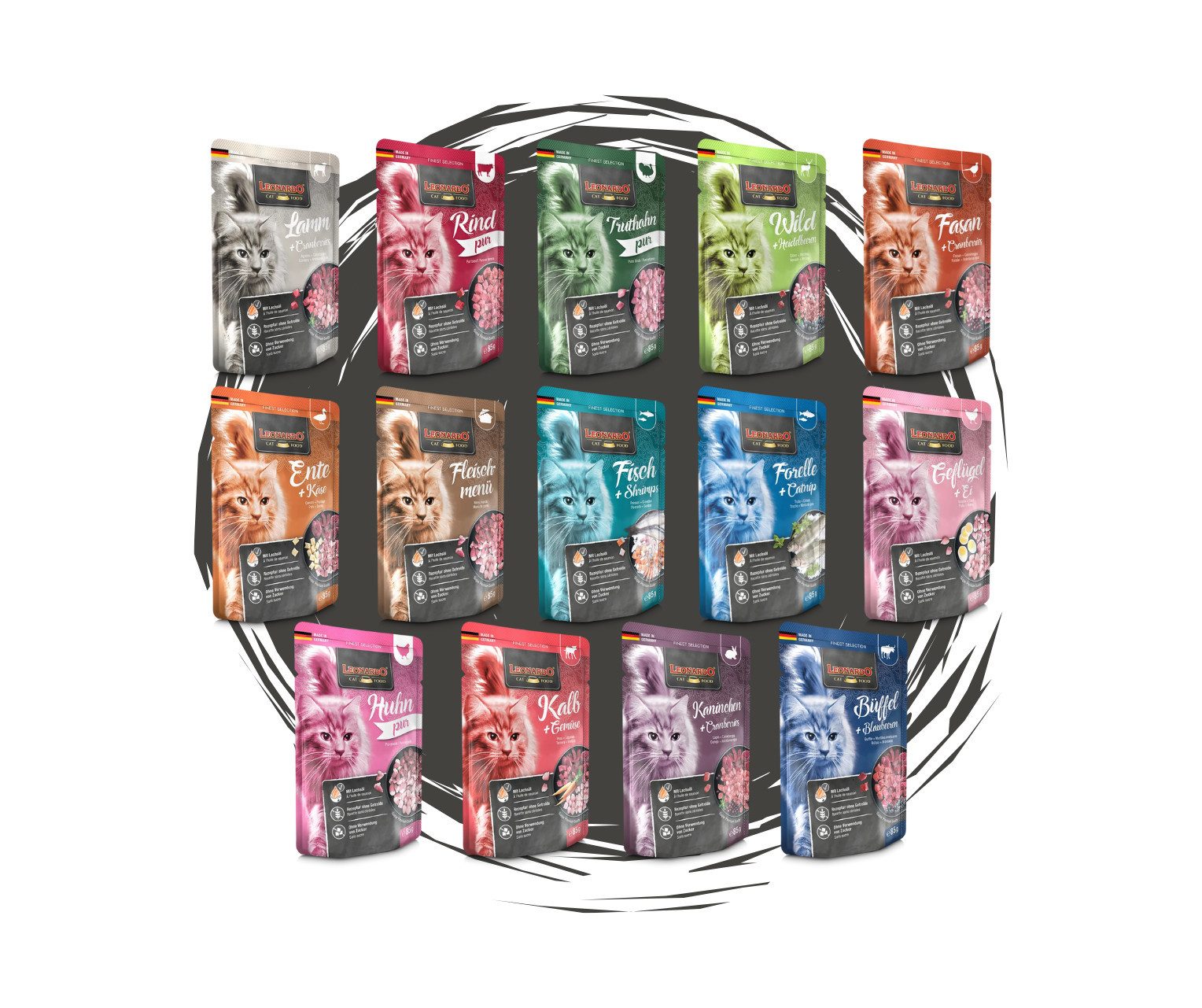 Leonardo Catfood Frischebeutel Bundle - verschiedene Sorten im parktischen Mixpaket Mix 5 (24x85g), Nassfutter für: Katzen