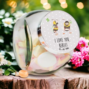 Mr. & Mrs. Panda Vorratsglas XL 2000ml Bienen Paar - Grau Pastell - Geschenk, für Männer, Müslidos, Premium Glas, (1-tlg), Mit Motiv