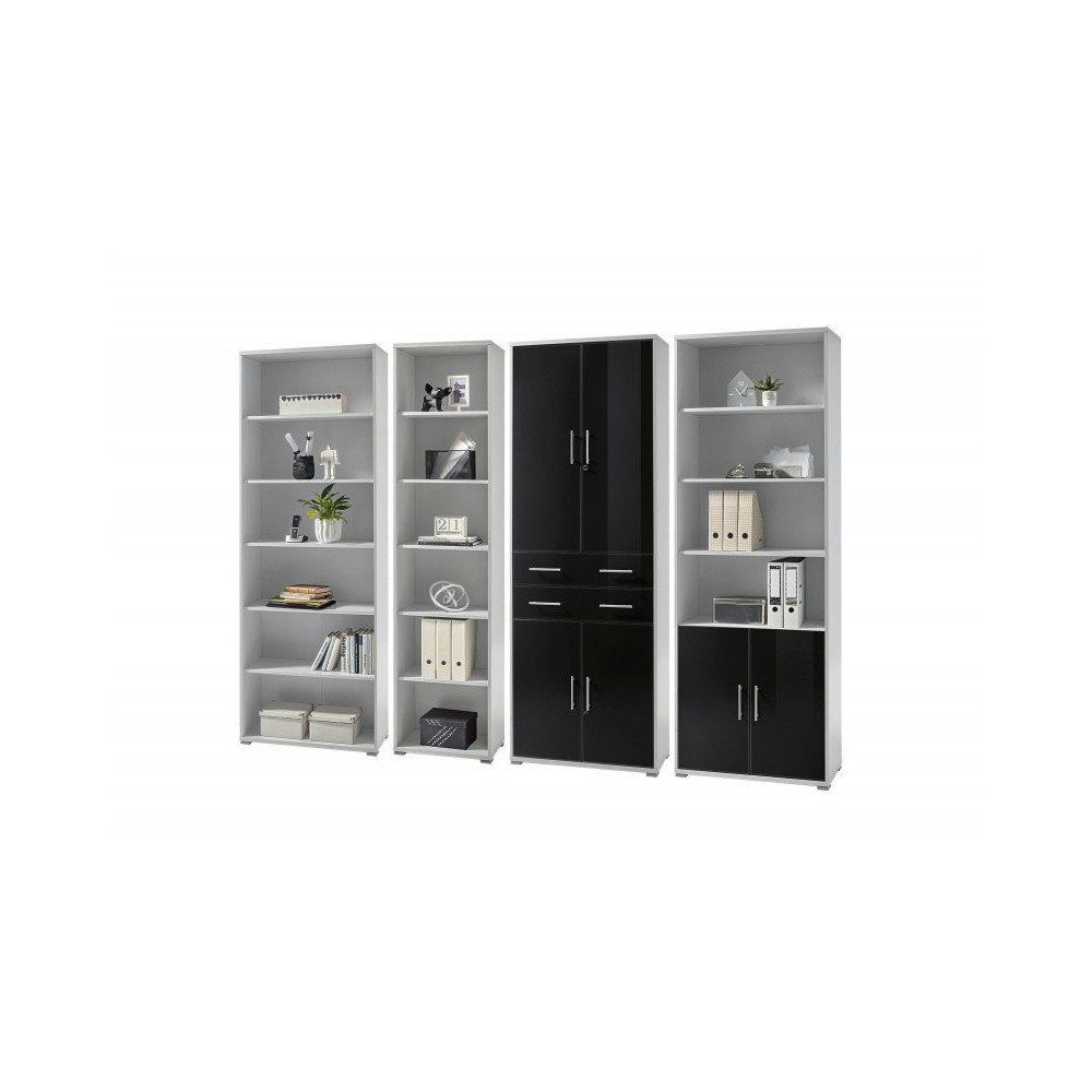 möbel-direkt.de Büromöbel-Set Office Line Lux in Platingrau mit lackierten Fronten in Graphit, (Komplett Set, 9-tlg., Winkelschreibtisch, Rollcontainer, Regalwand,  Sideboard), lackierten Graphit-Glasfronten, abschließbar